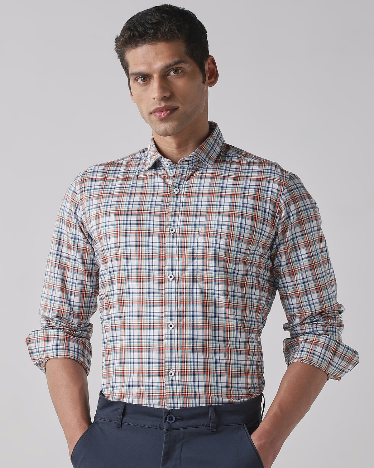 Men's Pure Cotton Checks Slim Fit Full Sleeve Casual Shirt - White