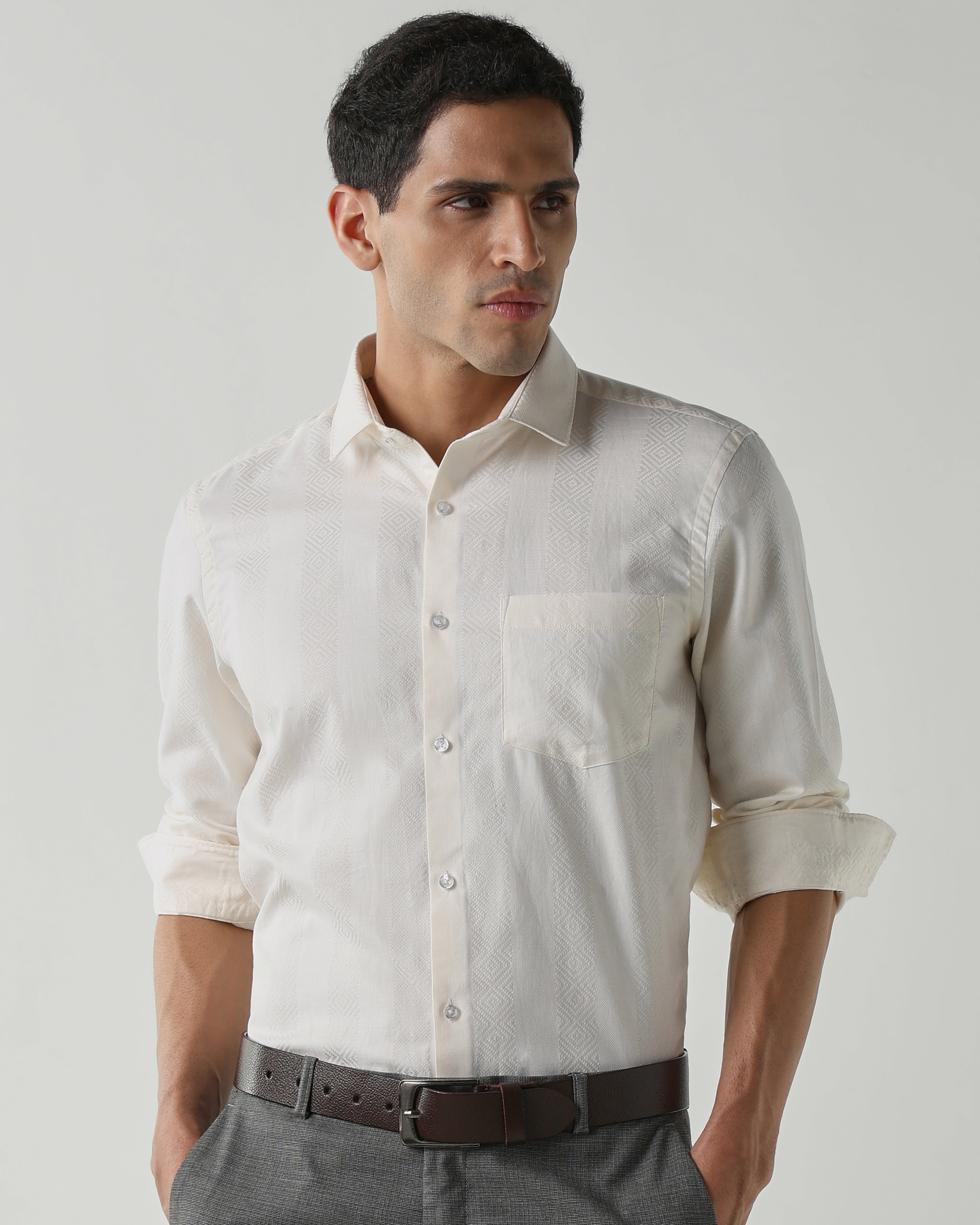 White 100% Cotton Dobby Shirts For Men | Slim Fit Fashion Formal Wear