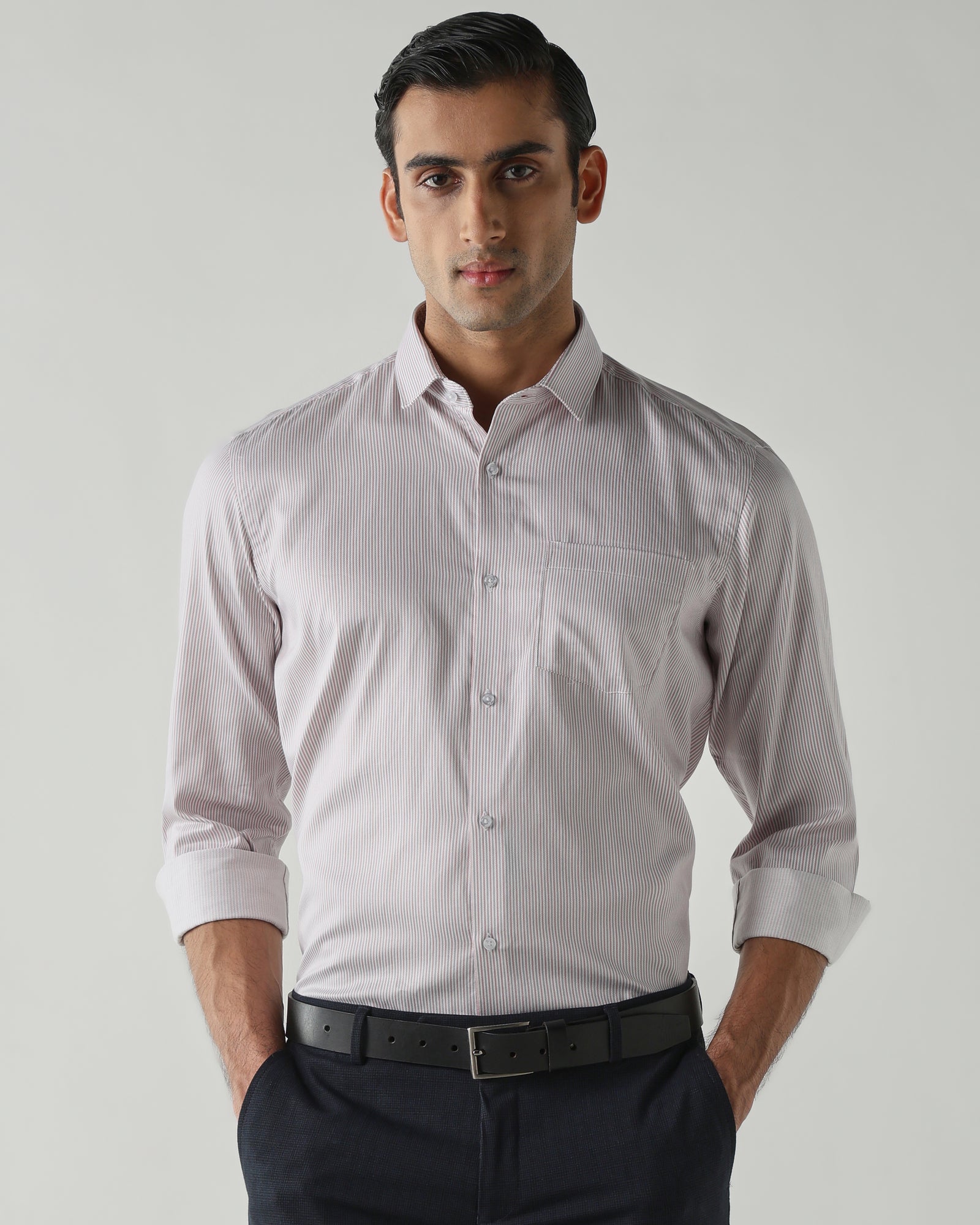 Grey/Pink Stripe Shirt crafted in 100% cotton Fabric|
