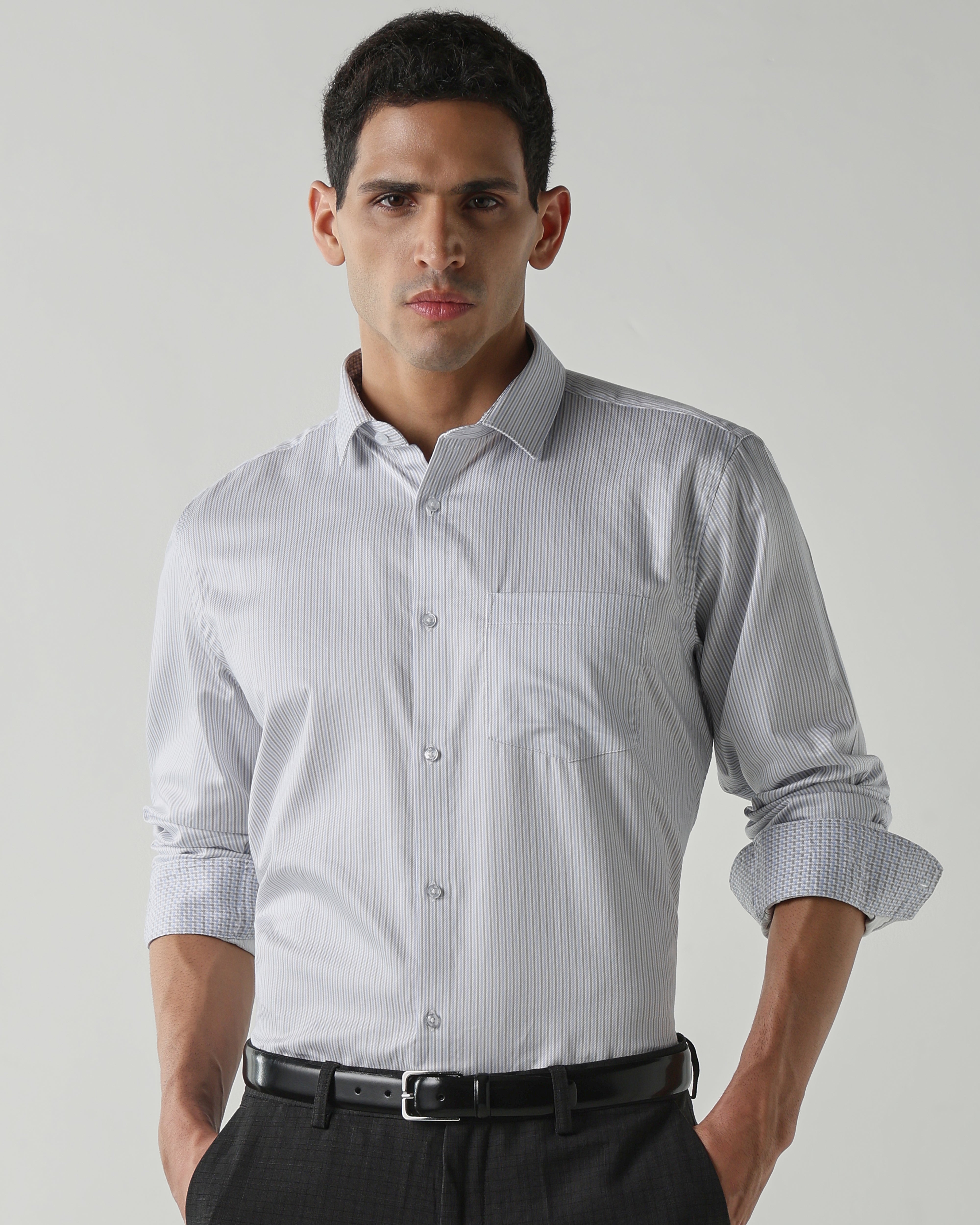 Grey/Sky Blue 100% Cotton Stripe Shirts For Men | Regular Fit Fashion Formal Wear