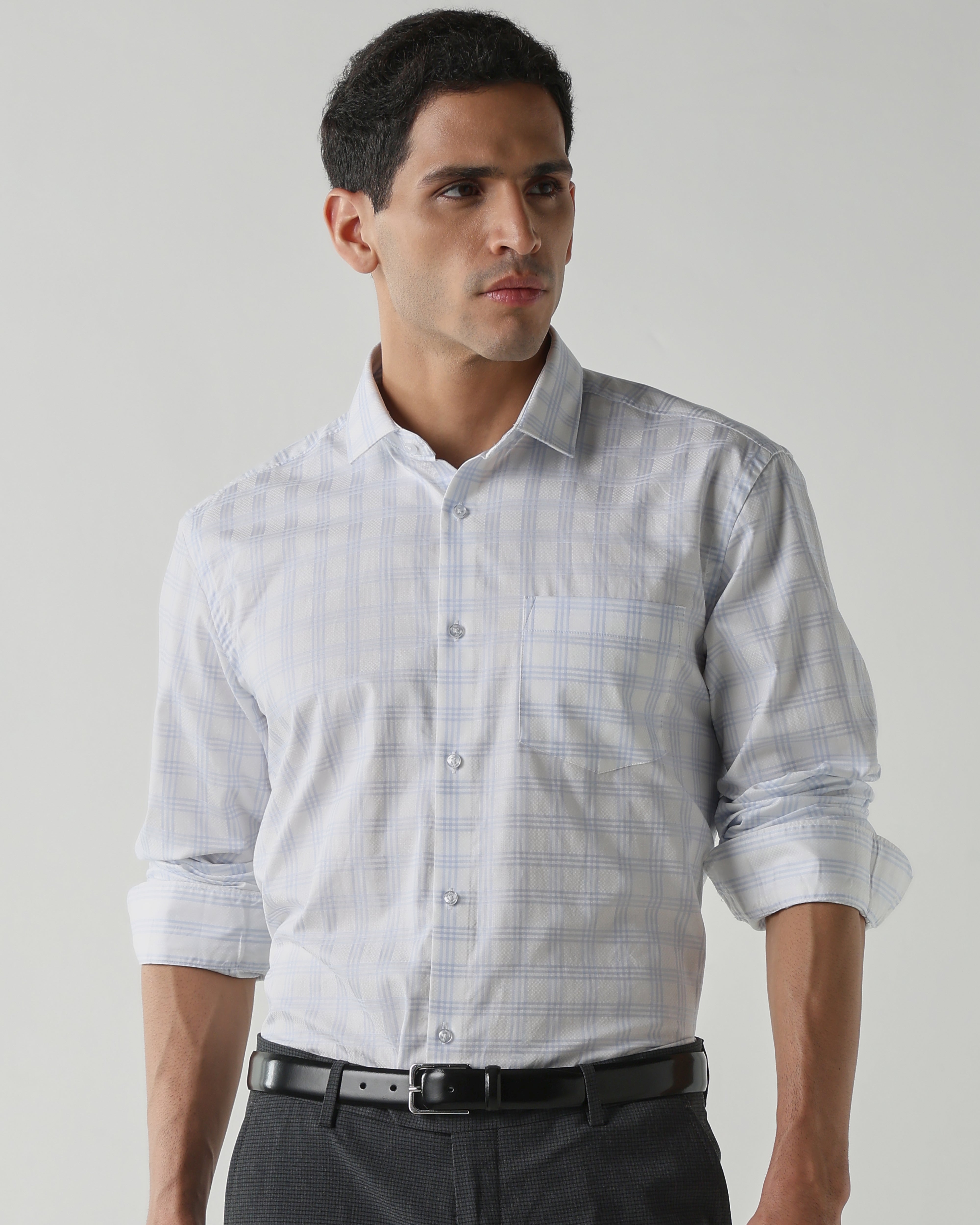 White/Sky Blue 100% Cotton Checks Shirts For Men | Regular Fit Fashion Formal Wear