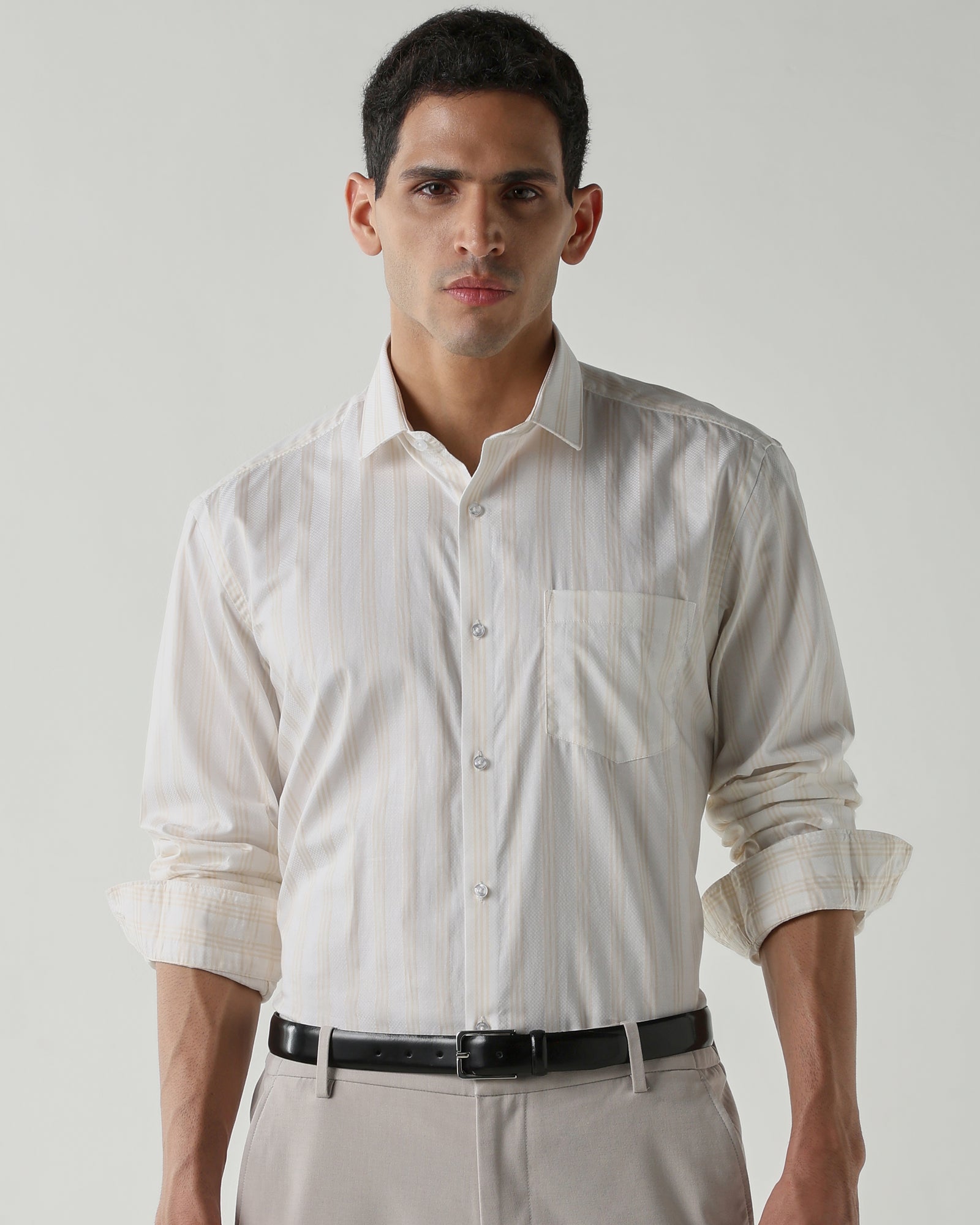 White/Beige 100% Cotton Stripe Shirts For Men | Regular Fit Fashion Formal Wear