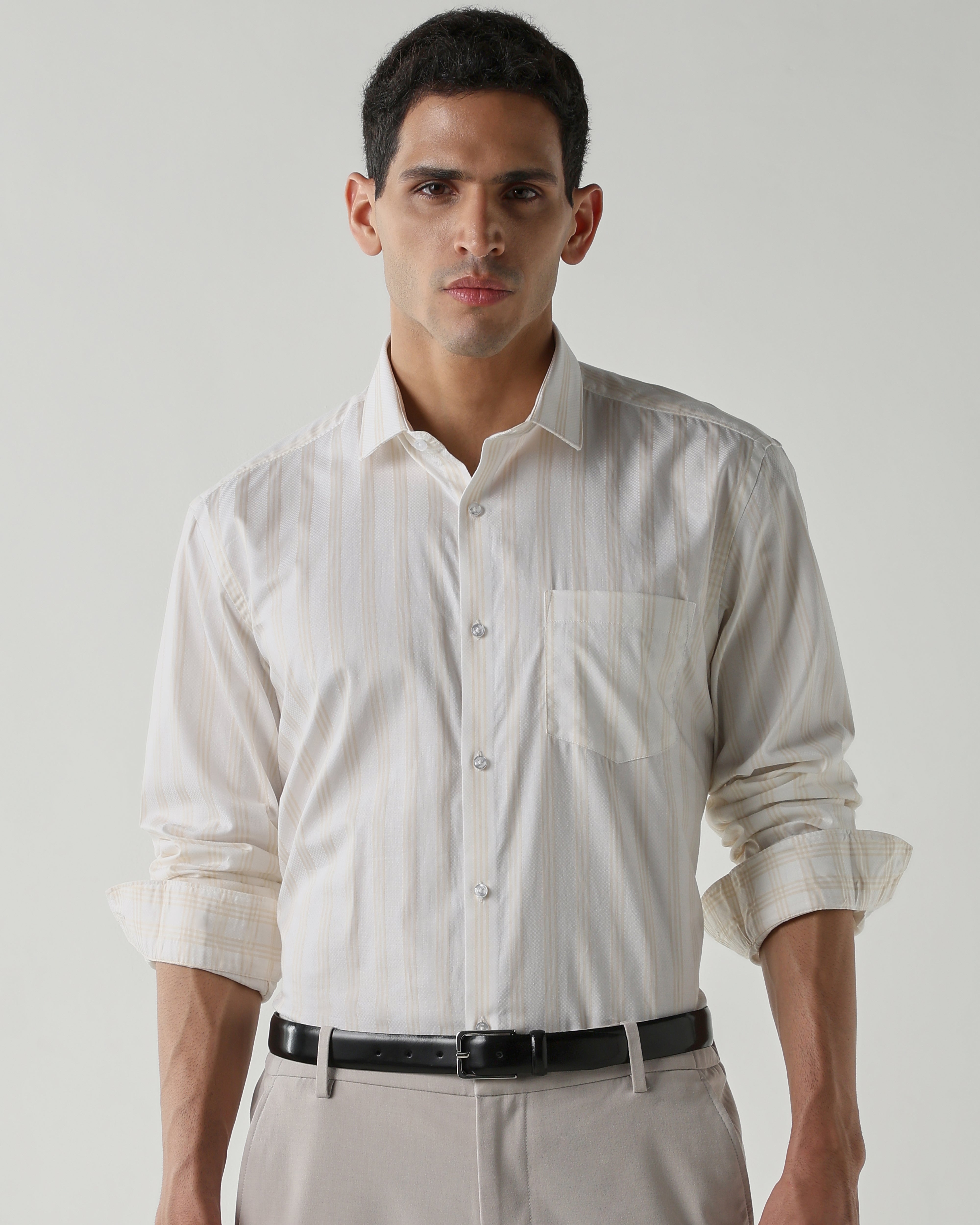 White/Beige 100% Cotton Stripe Shirts For Men | Regular Fit Fashion Formal Wear