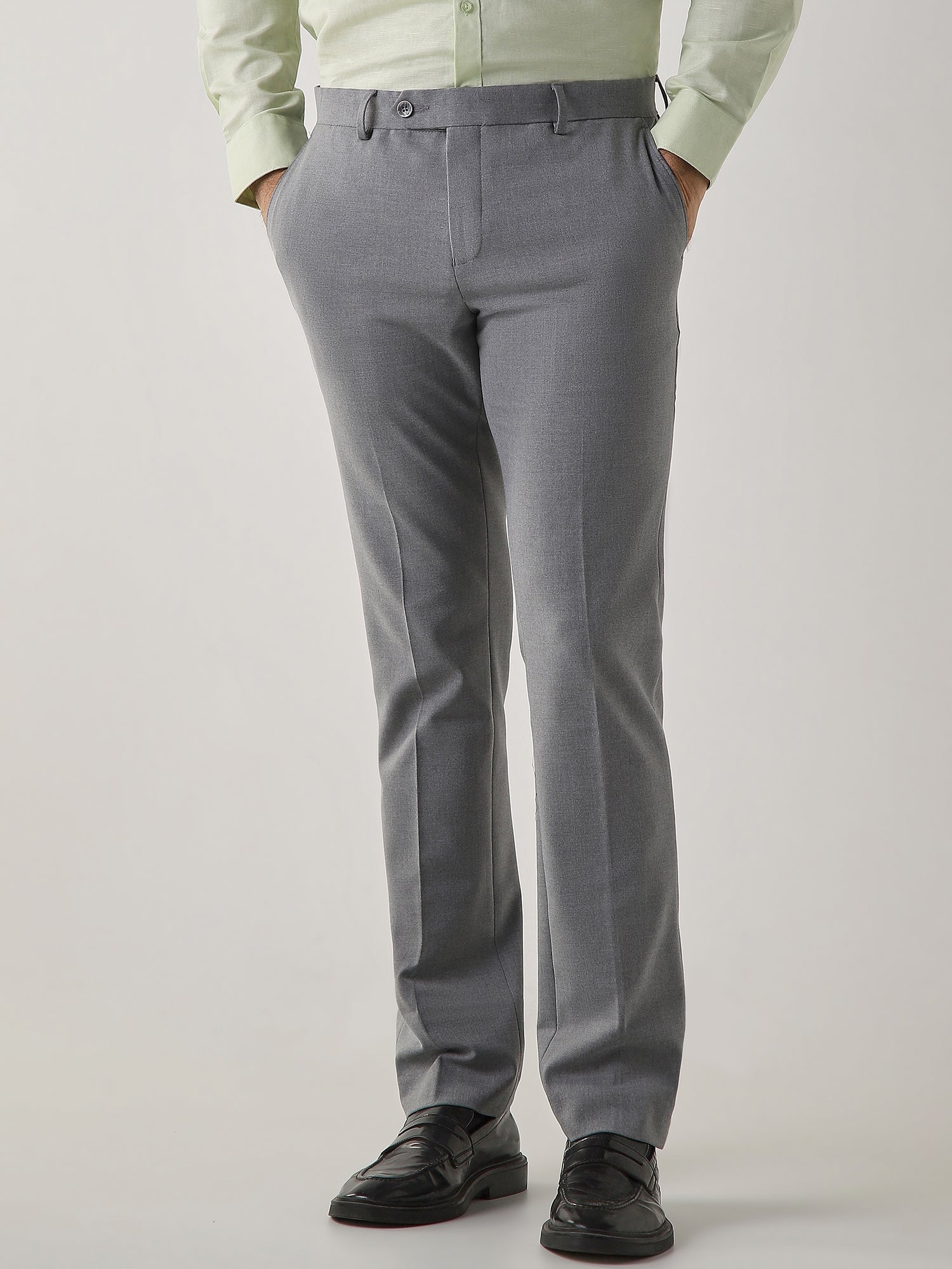 Mid Grey Cotton Blend Flat Front Slim Fit Formal Trouser