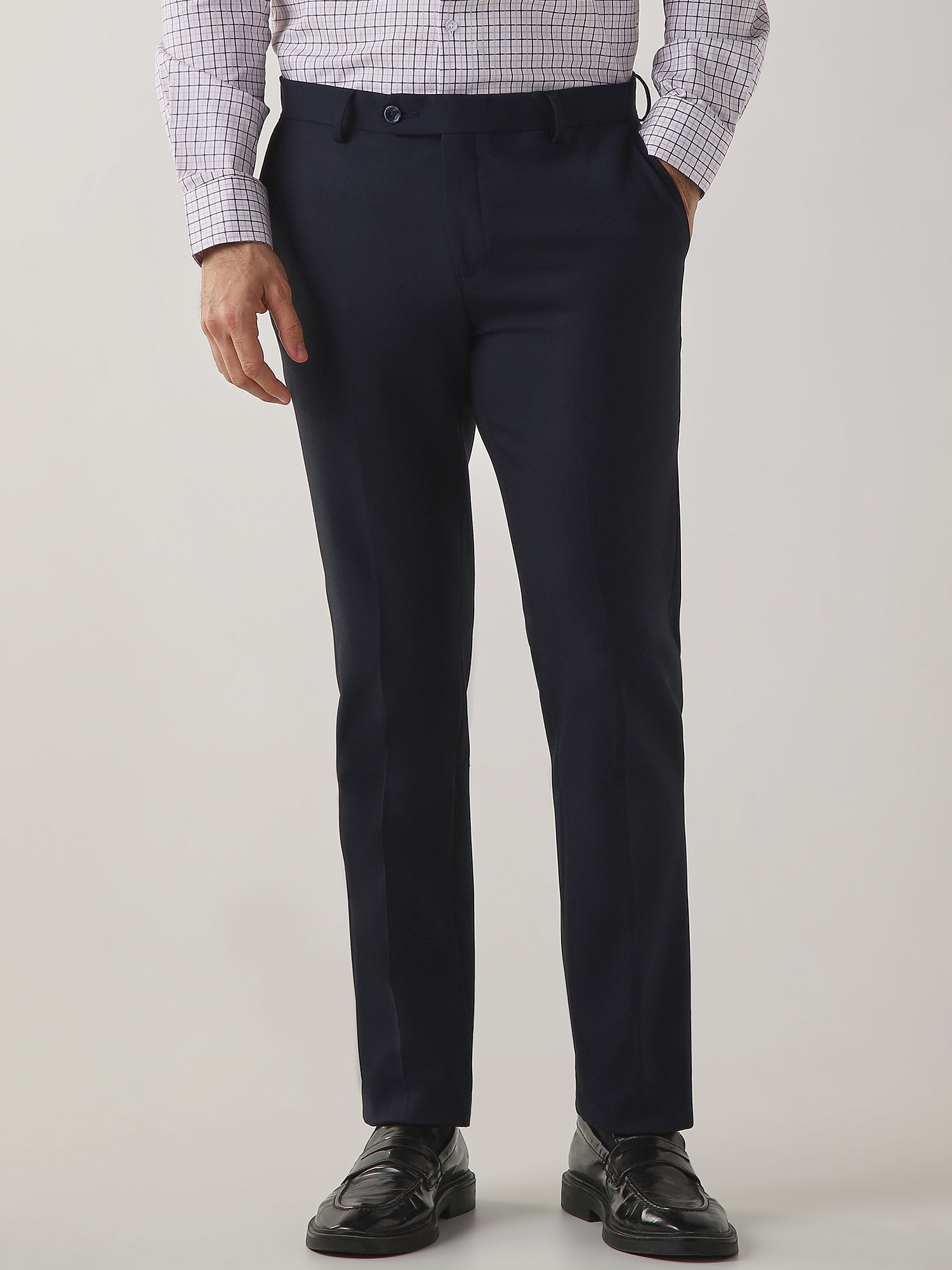Navy Cotton Blend Flat Front Slim Fit Formal Trouser