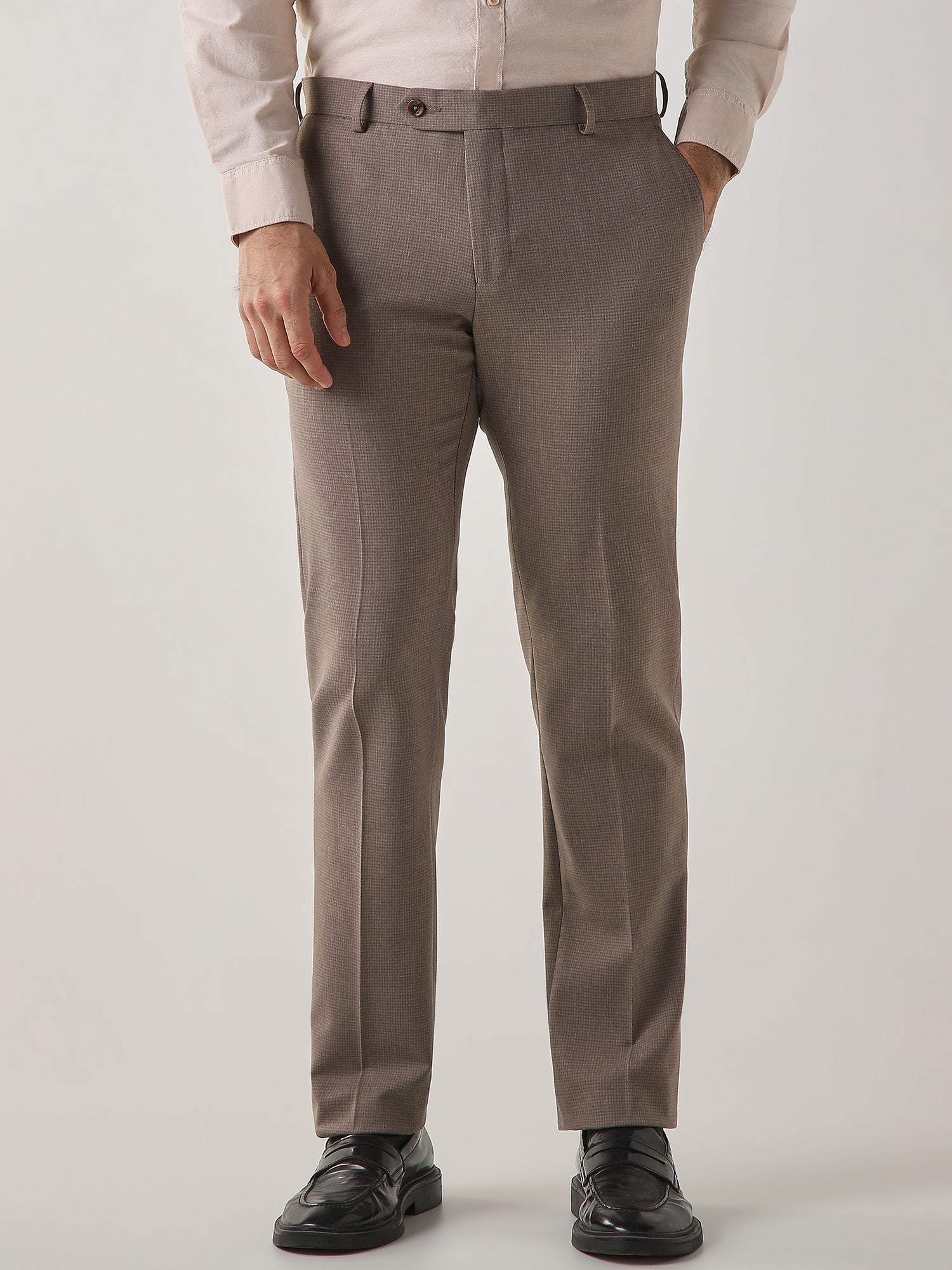 Brown Cotton Blend Flat Front Slim Fit Formal Trouser
