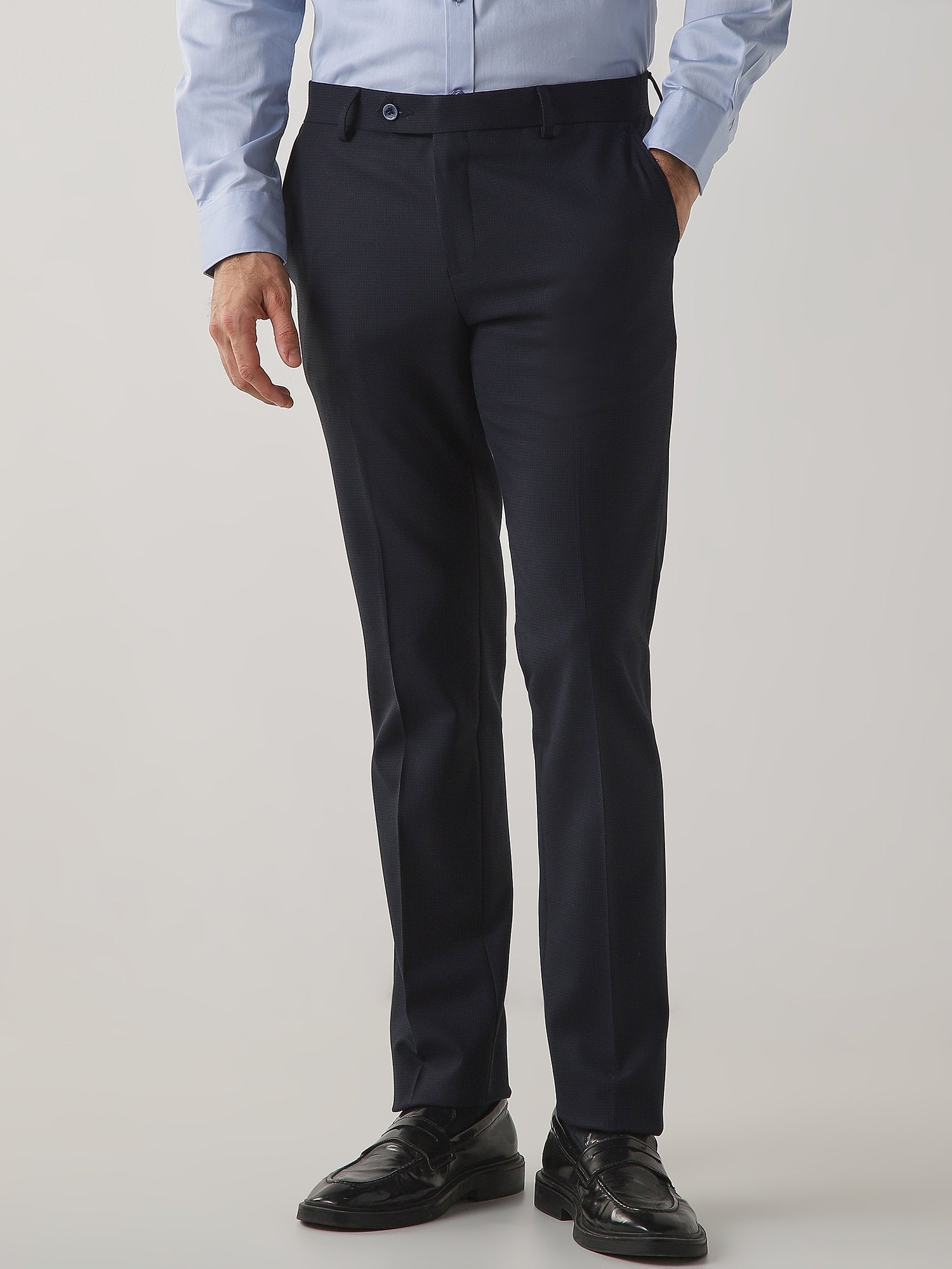 Navy Cotton Blend Flat Front Slim Fit Formal Trouser