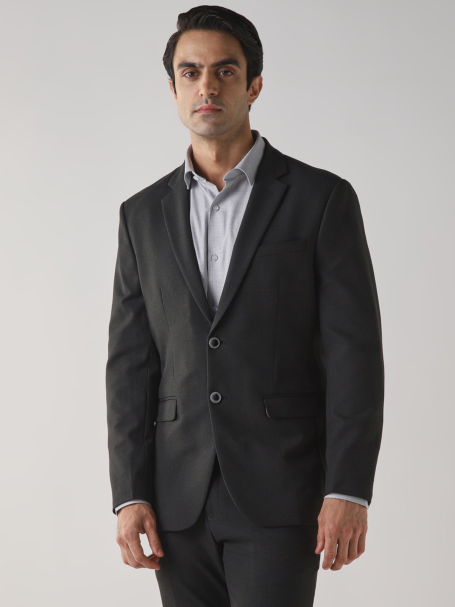 Dark Grey Textured Cotton Blend Tailored Fit Formal Blazer