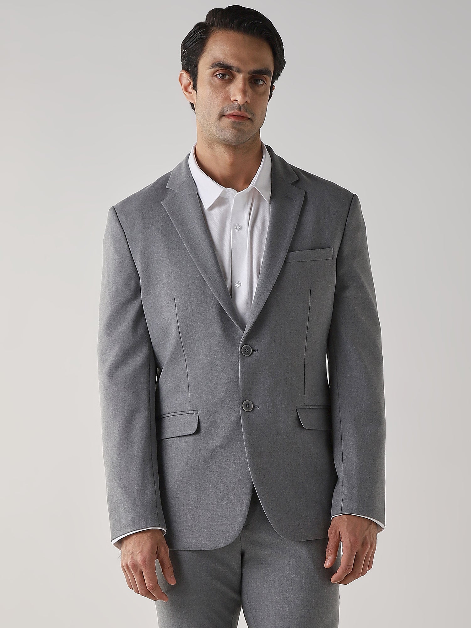 Mid Grey Textured Cotton Blend Tailored Fit Formal Blazer
