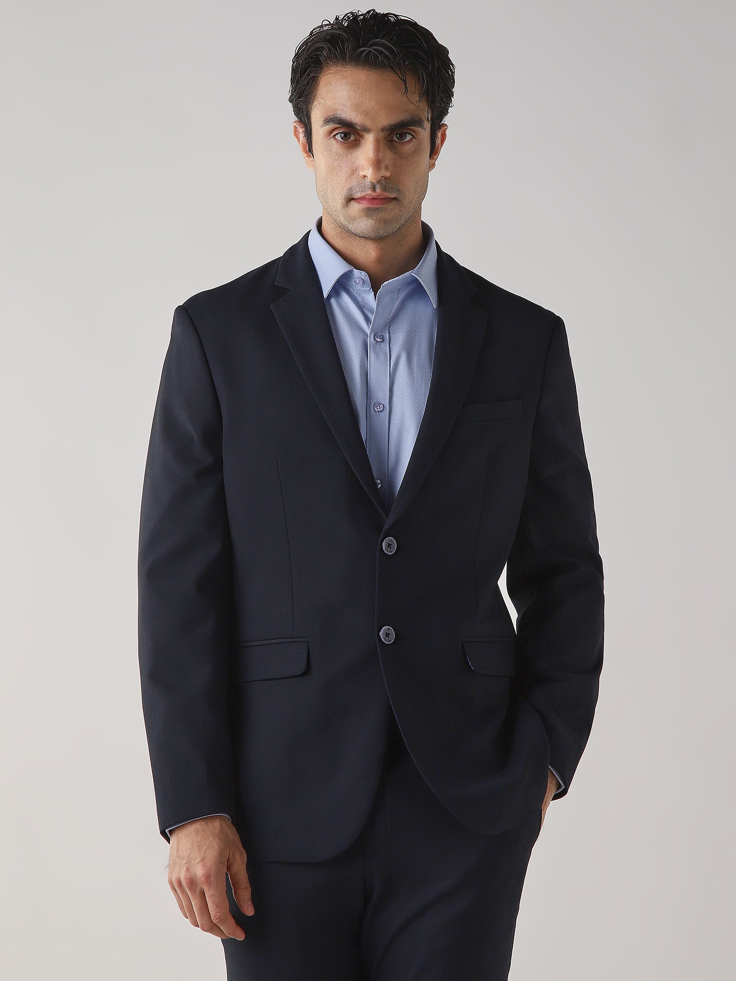 Navy Textured Cotton Blend Tailored Fit Formal Blazer