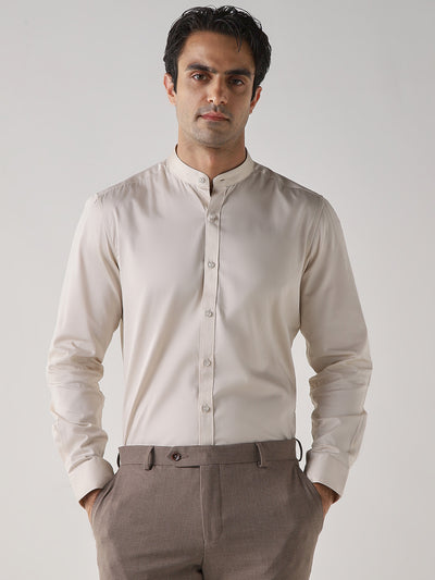 Men's Cotton Stretch Plain Slim Fit Full Sleeve Formal Shirt - Off White