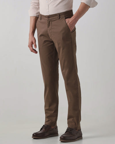 Brown Cotton Stretch Regular Fit Trouser