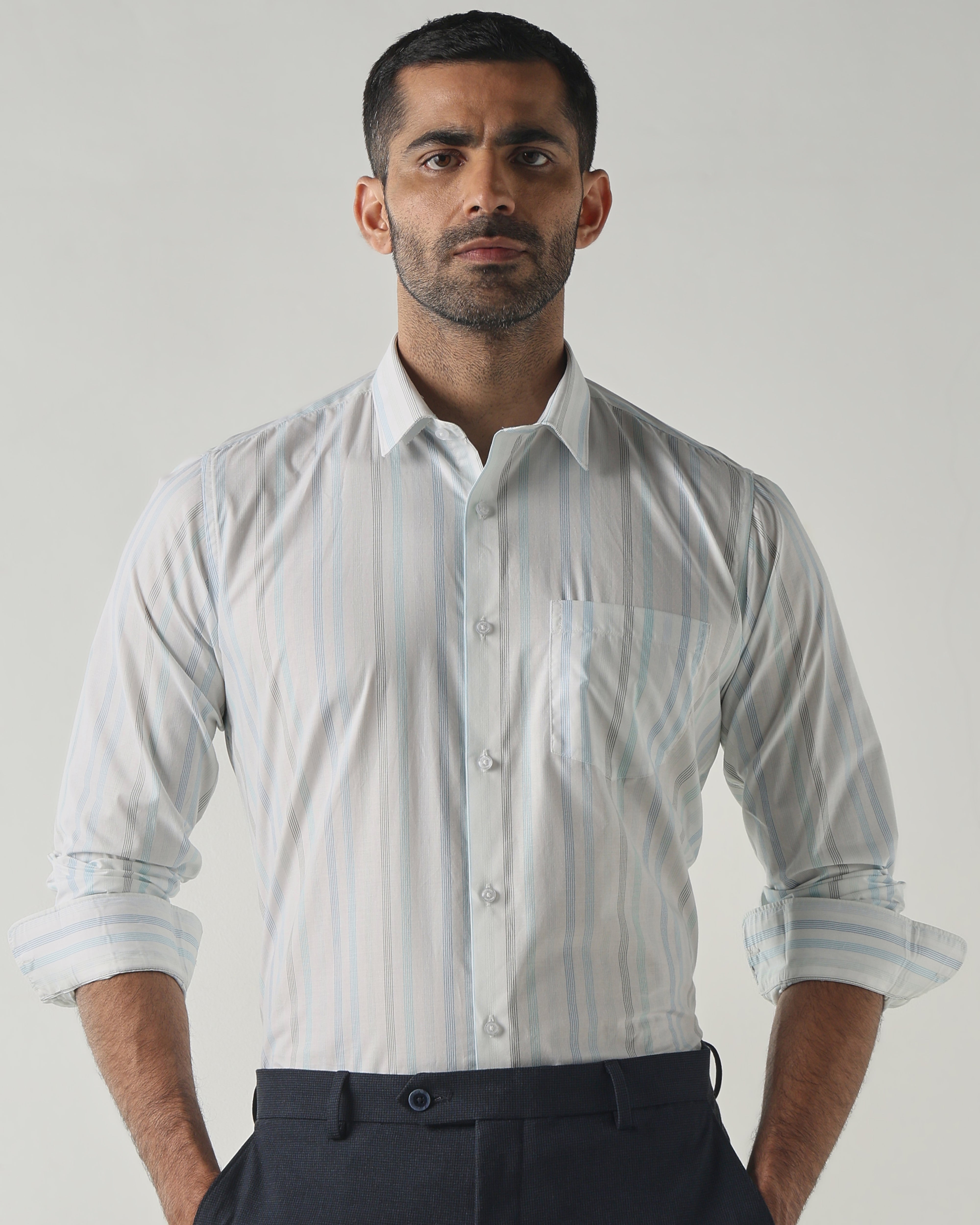 White/Blue Slim Fit Formal Essential Shirts