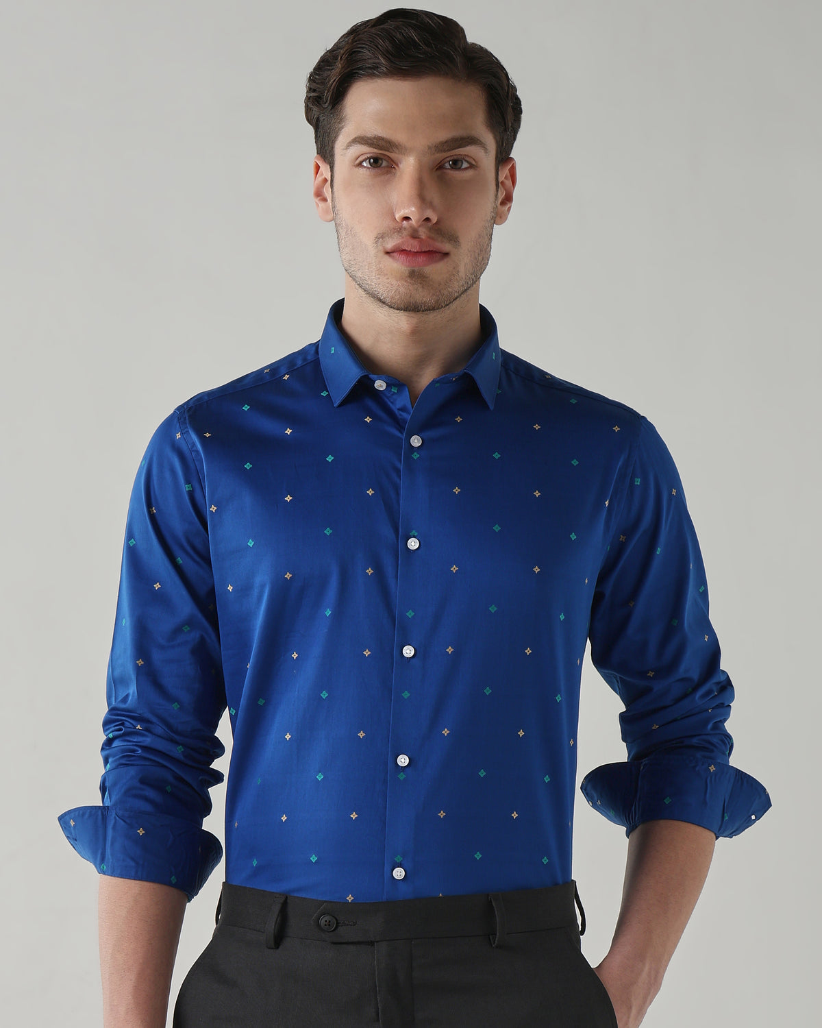 Men's Pure Cotton Jacquard Jacquard Dobby Slim Fit Full Sleeve Formal Shirt - Blue