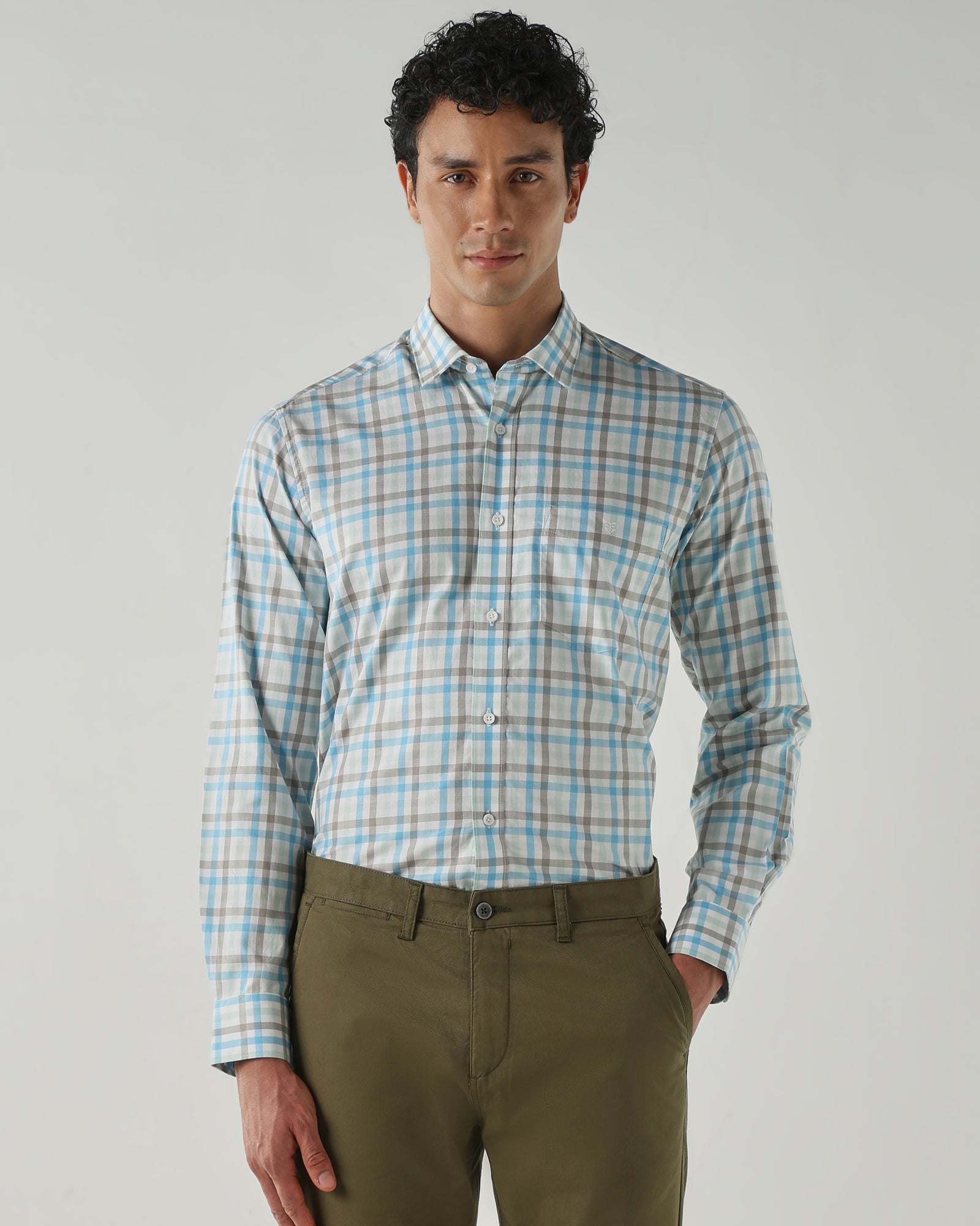 Men Slim Fit Shirts Aqua/Green/Brown