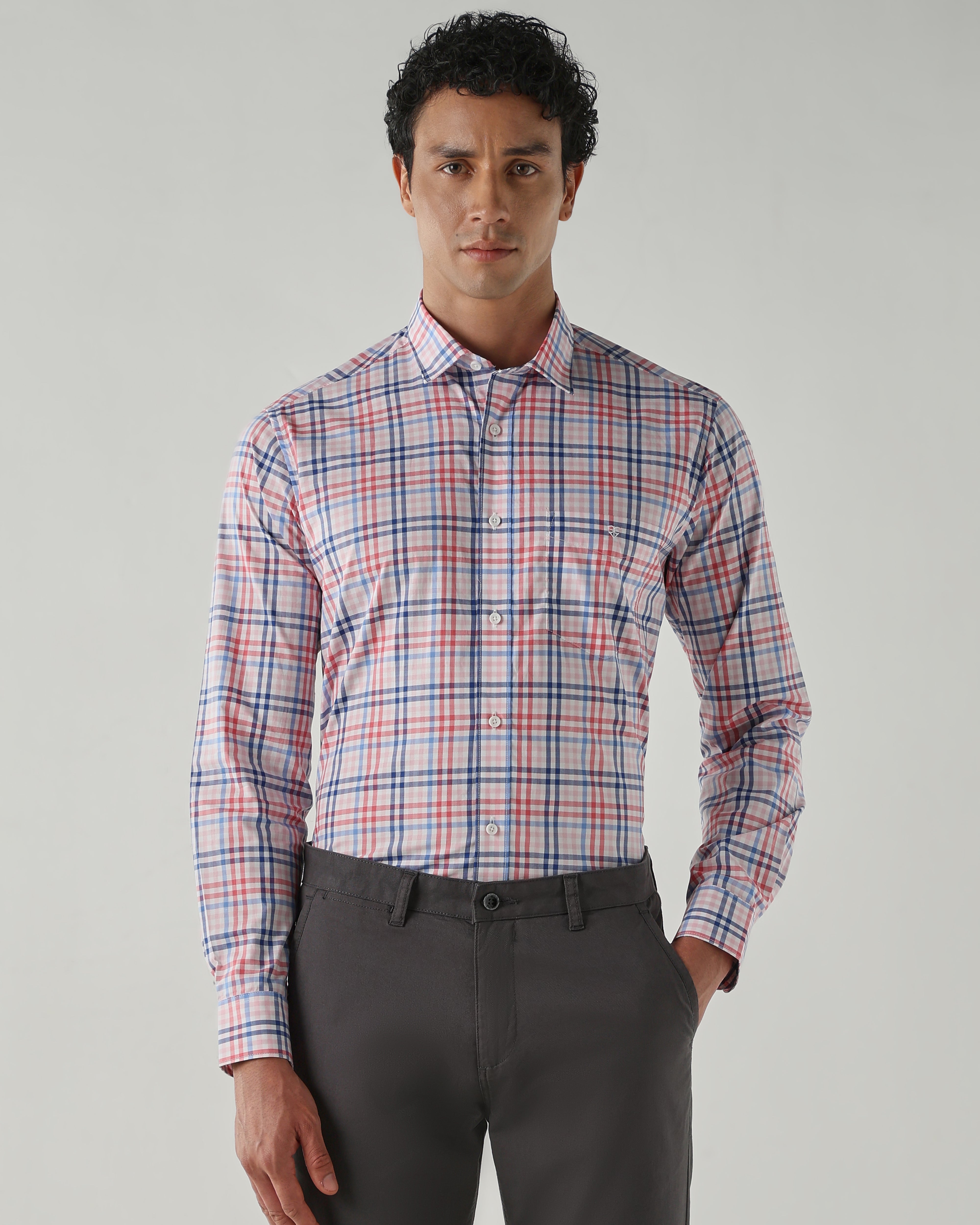 Men Slim Fit Shirts Red/Blue/White