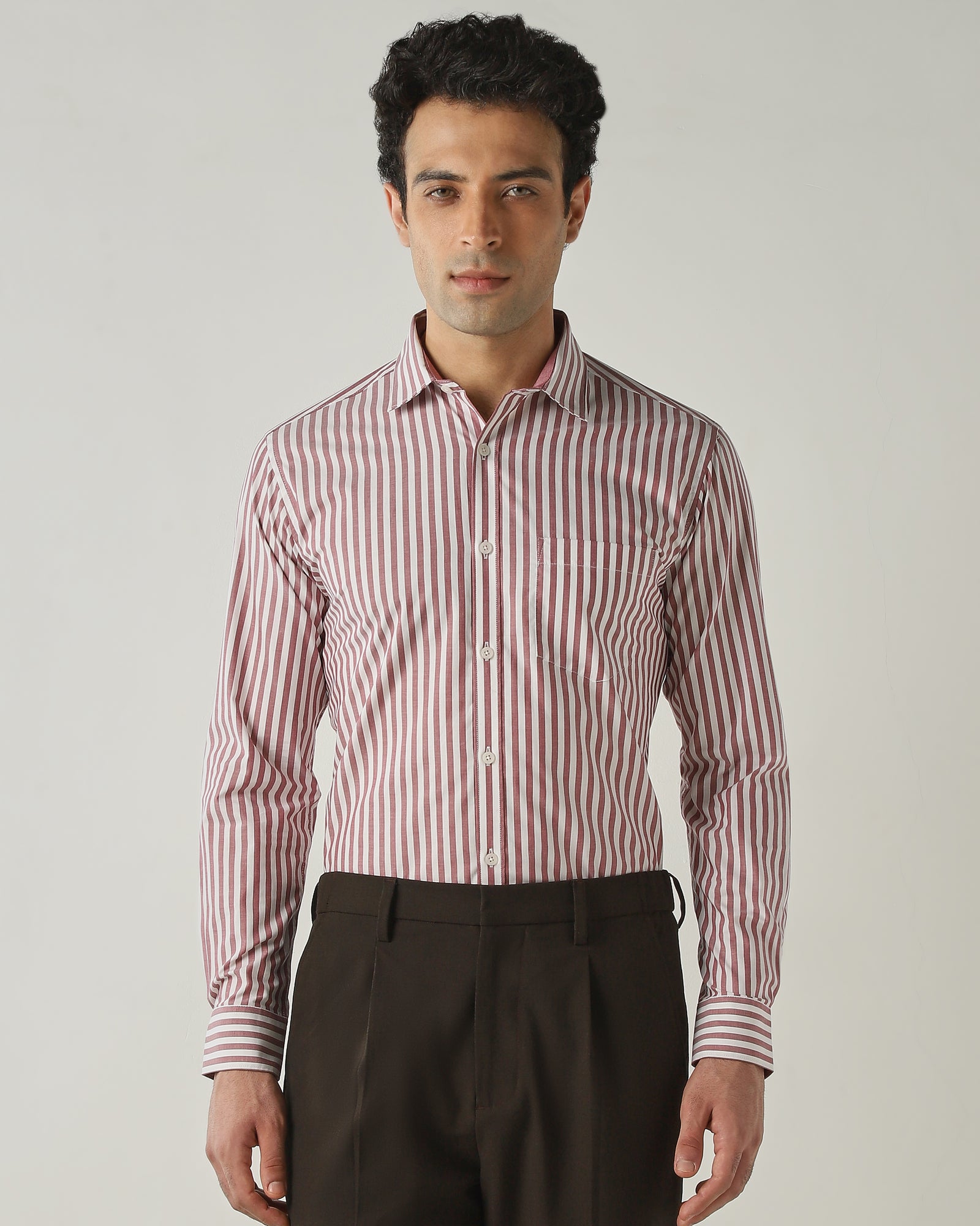 Shirt Maroon/White Slim Fit 100% Cotton
