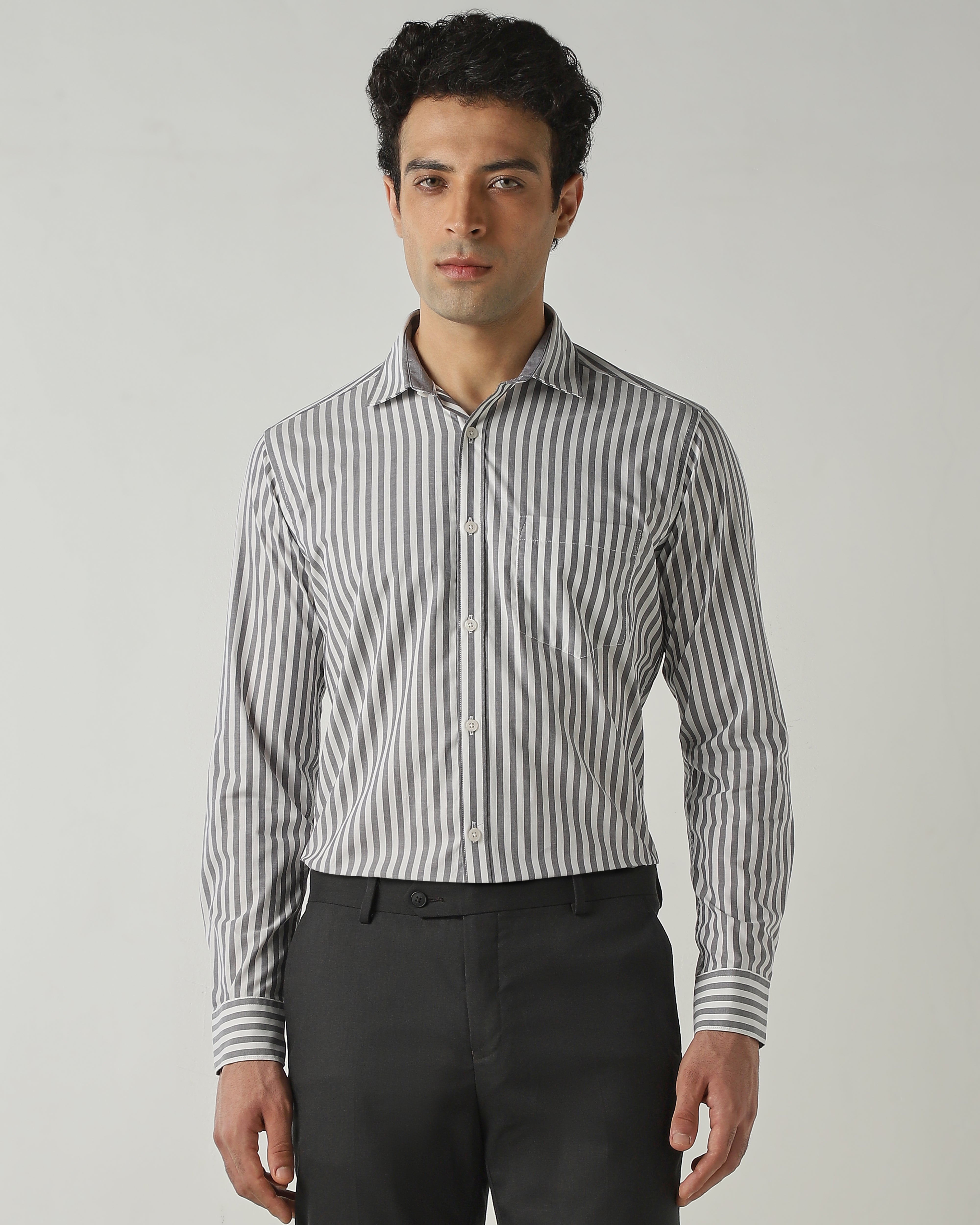 Shirt White/Lt Grey Slim Fit 100% Cotton