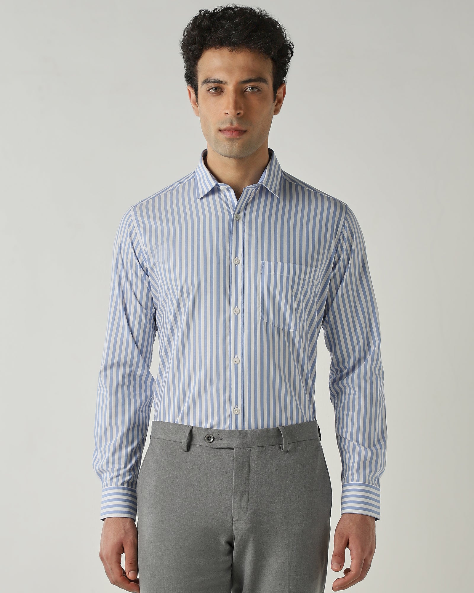 Shirt White/Sky Blue Slim Fit 100% Cotton