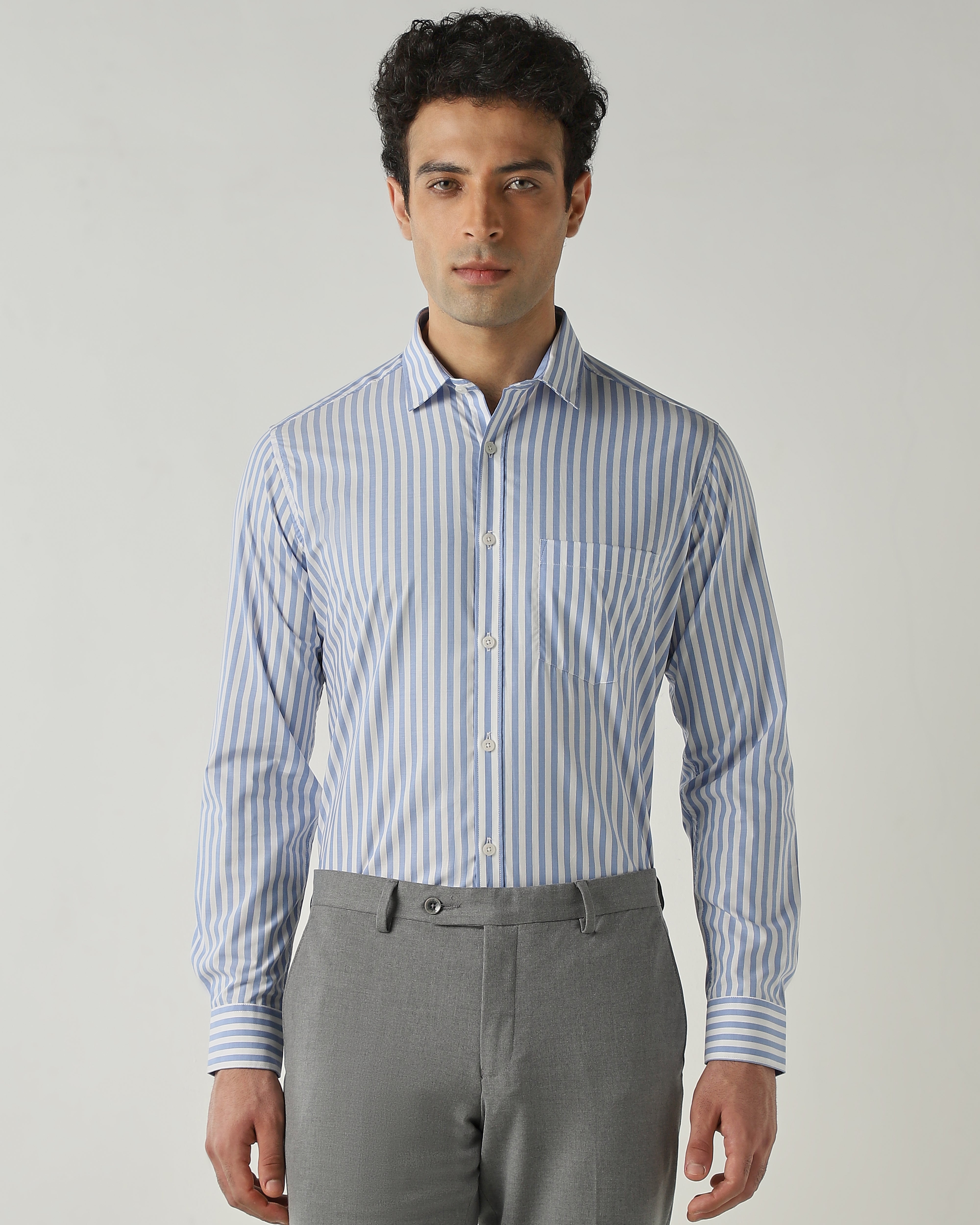 Shirt White/Sky Blue Slim Fit 100% Cotton