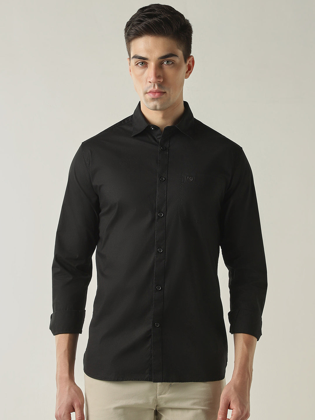 Men's Cotton Stretch Ripstop Slim Fit Full Sleeve Casual Shirt - Black