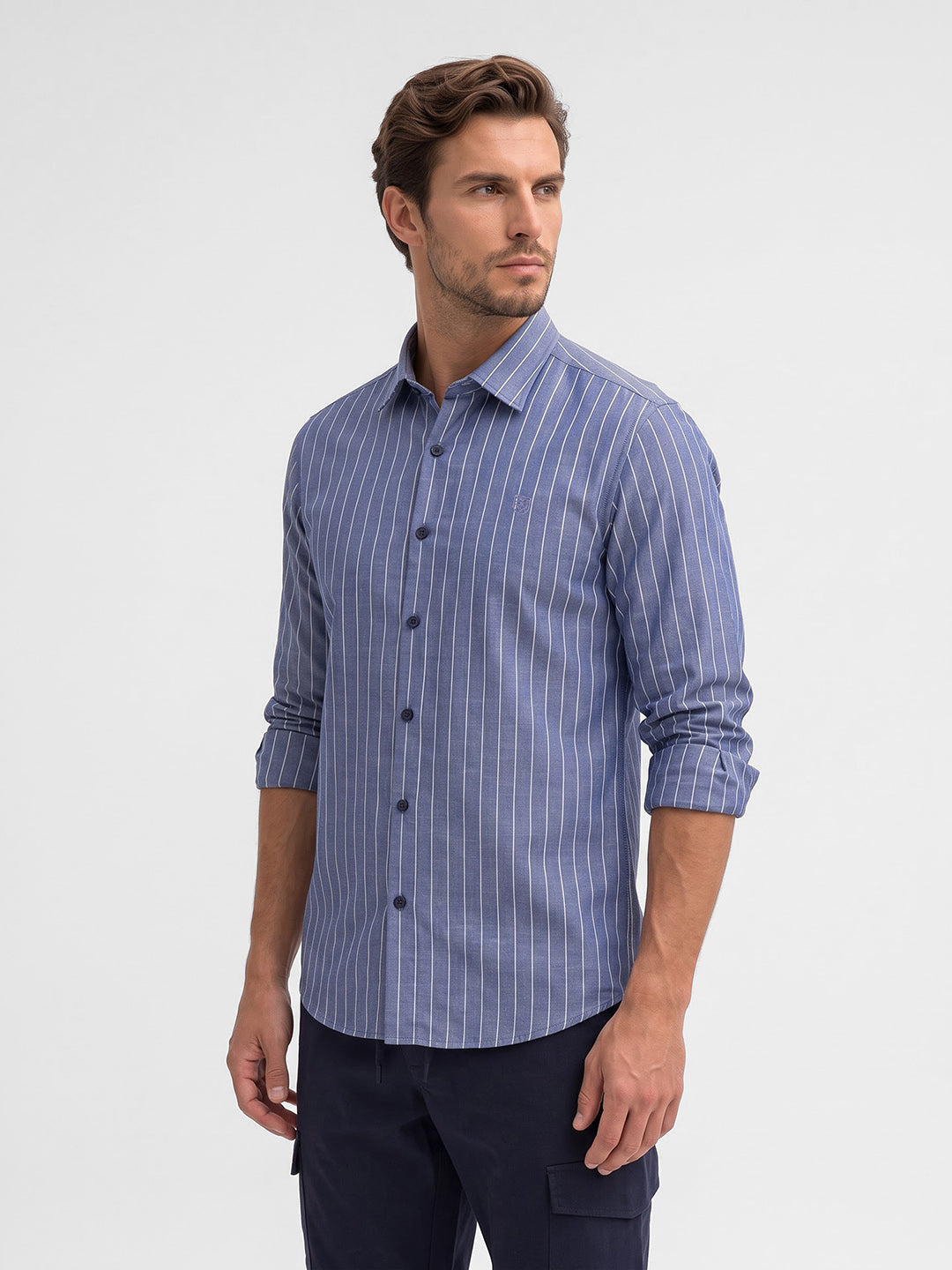 Men's Pure Cotton Stripes Slim Fit Full Sleeve Casual Shirt - Blue