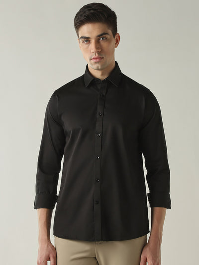 Men's Cotton Stretch Solid Slim Fit Full Sleeve Casual Shirt - Black