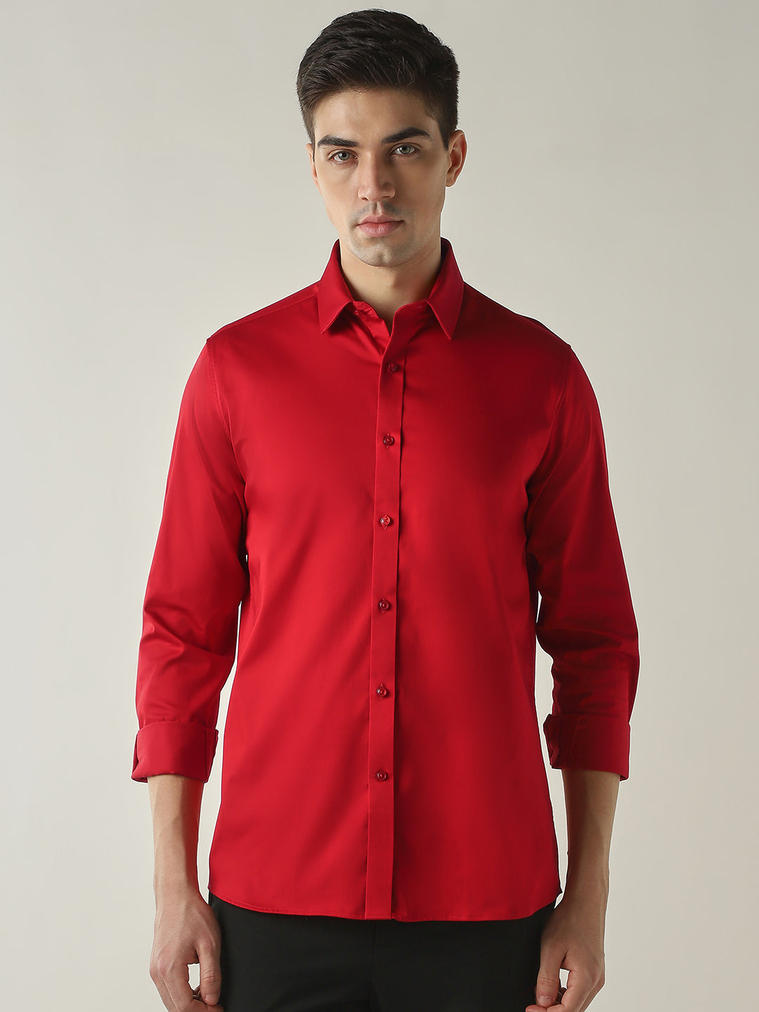 Men's Cotton Stretch Solid Slim Fit Full Sleeve Casual Shirt - Red