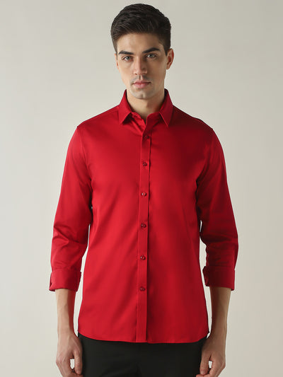 Men's Cotton Stretch Solid Slim Fit Full Sleeve Casual Shirt - Red