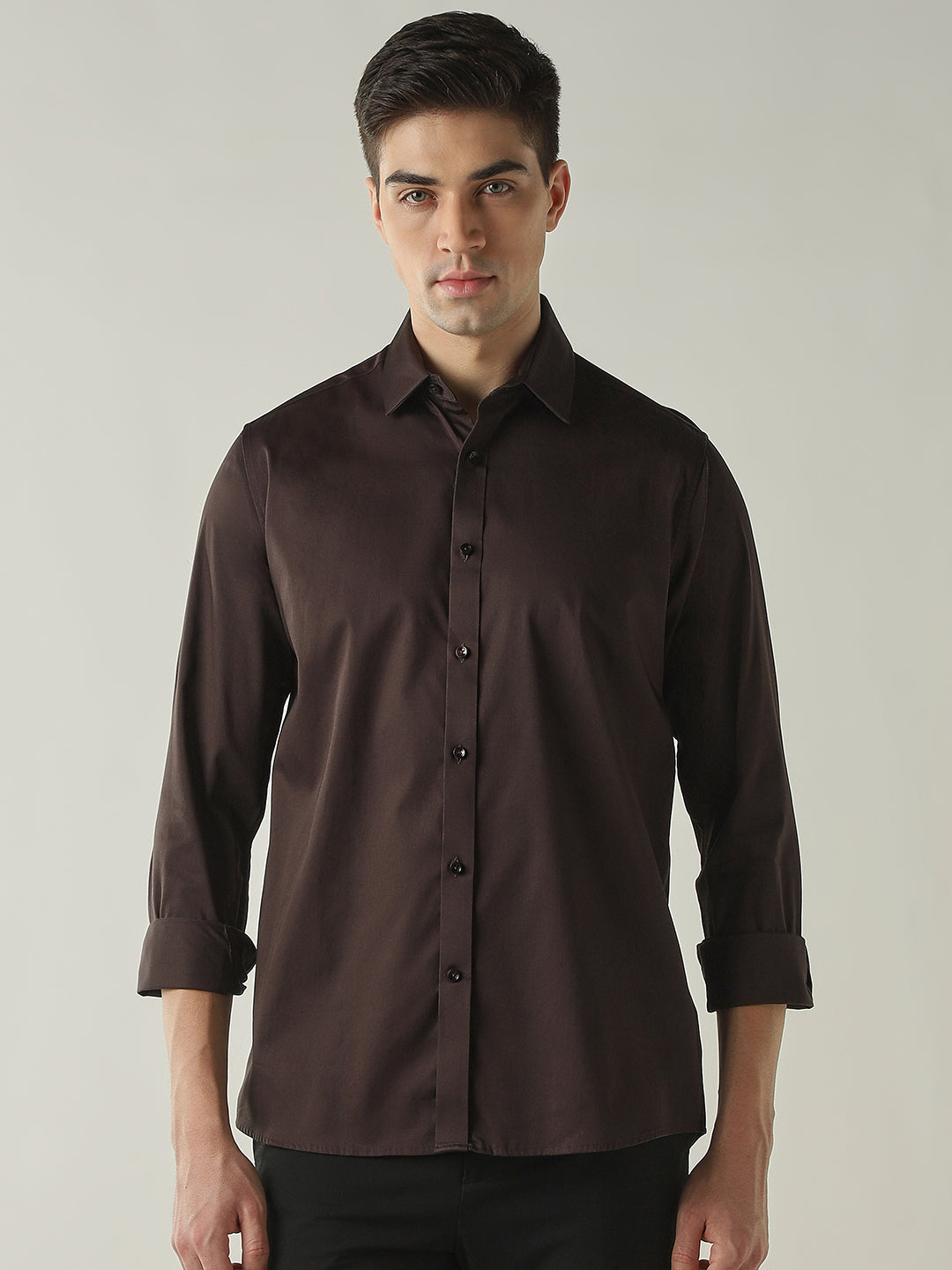 Men's Cotton Lycra Solid Slim Fit Full Sleeve Casual Shirt - Brown