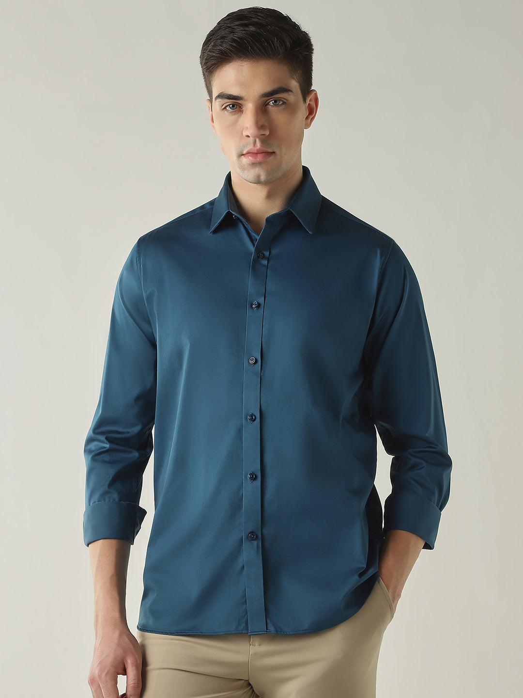 Men's Cotton Stretch Solid Slim Fit Full Sleeve Casual Shirt - Teal