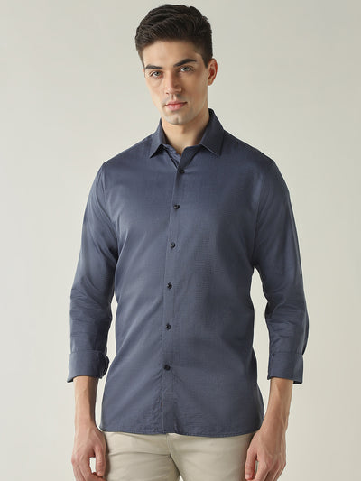 Men's Pure Cotton Dobby Solid Slim Fit Full Sleeve Casual Shirt - Blue