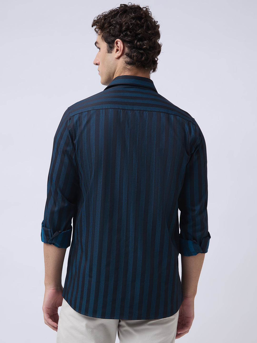 Men's Pure Cotton Stripes Slim Fit Full Sleeve Casual Shirt - Teal