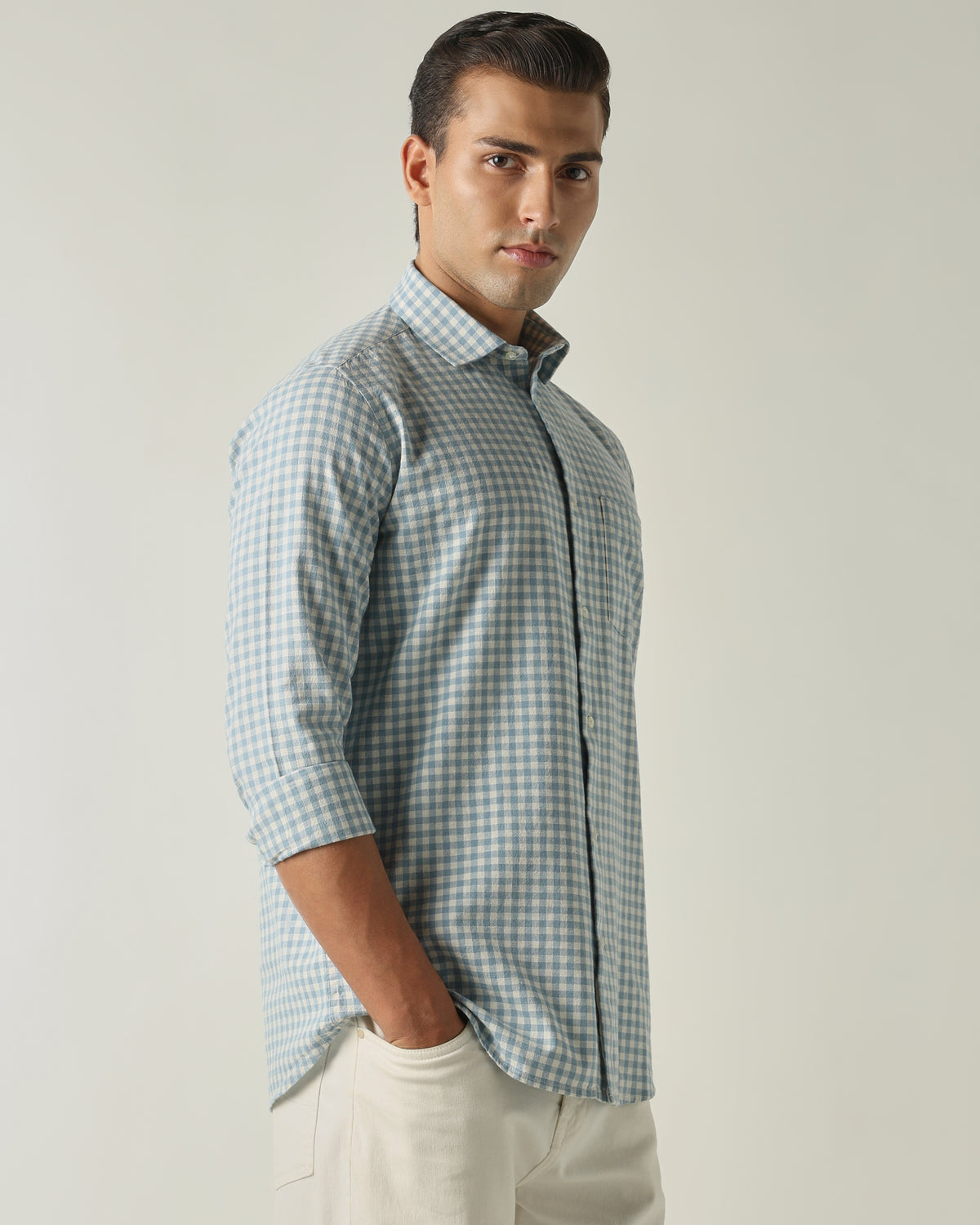 Men's Cotton Linen Checks Slim Fit Full Sleeve Casual Shirt - Blue