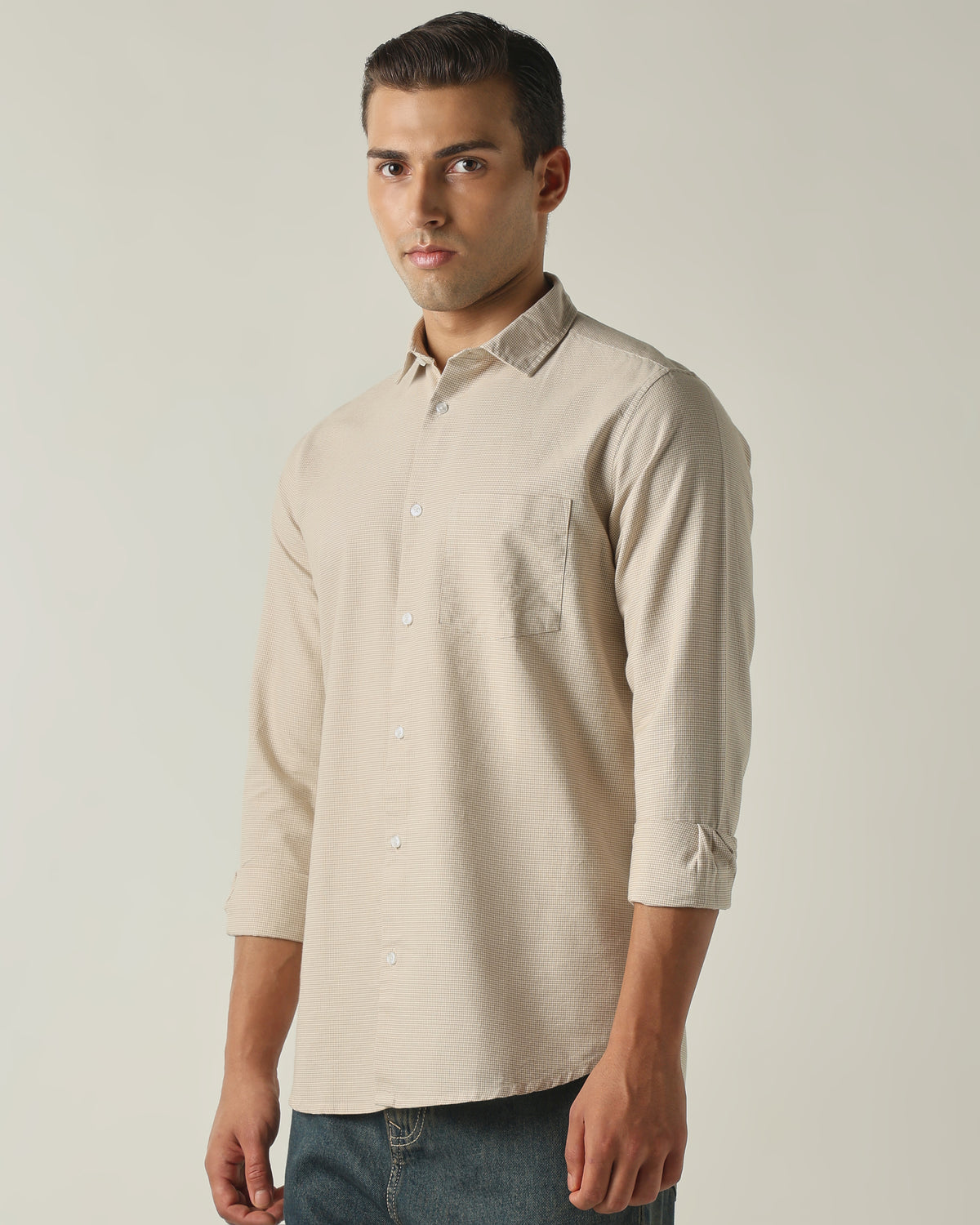 Men's Pure Cotton Houndstooth Checks Slim Fit Full Sleeve Casual Shirt - Beige