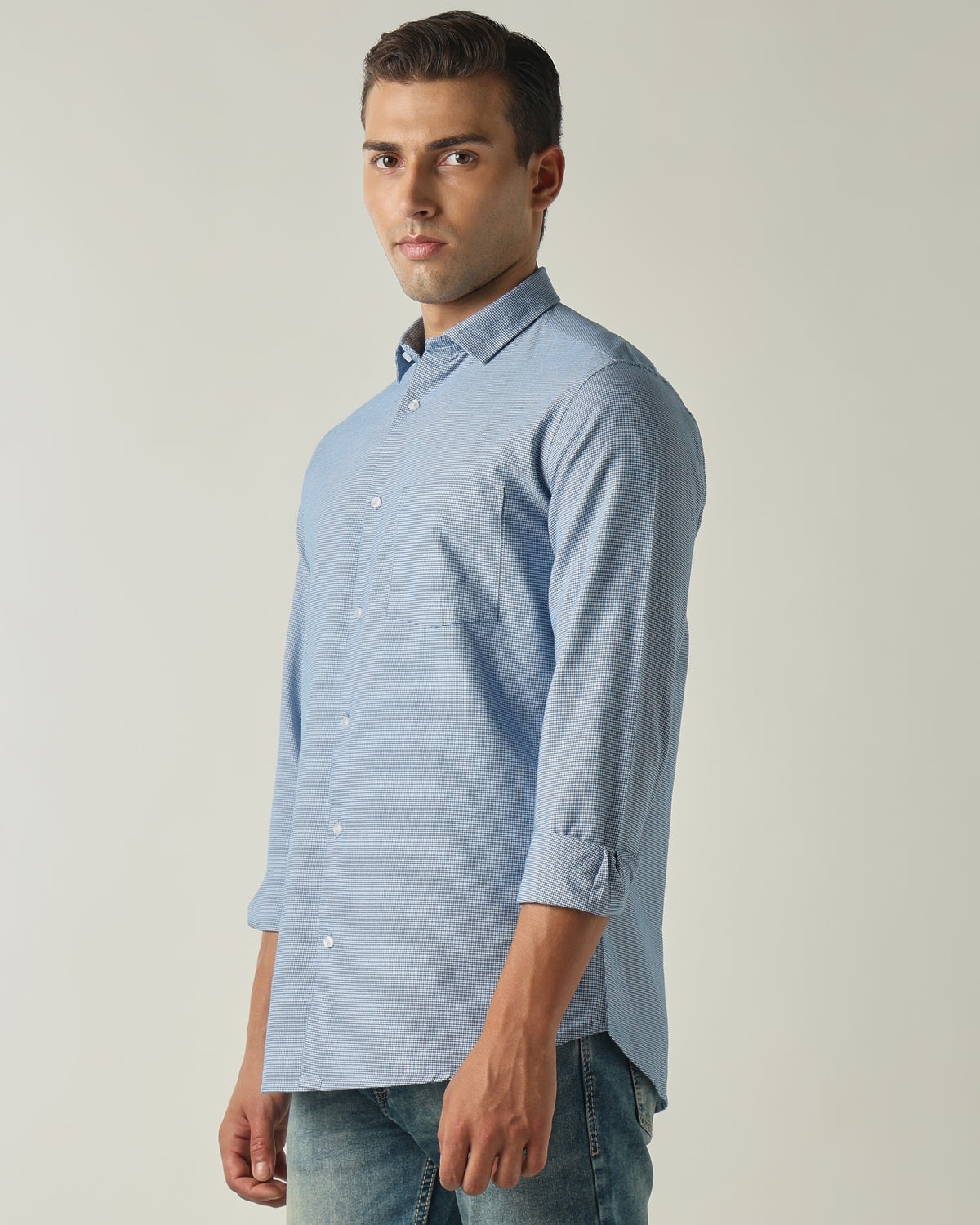 Men's Pure Cotton Houndstooth Checks Slim Fit Full Sleeve Casual Shirt - Blue