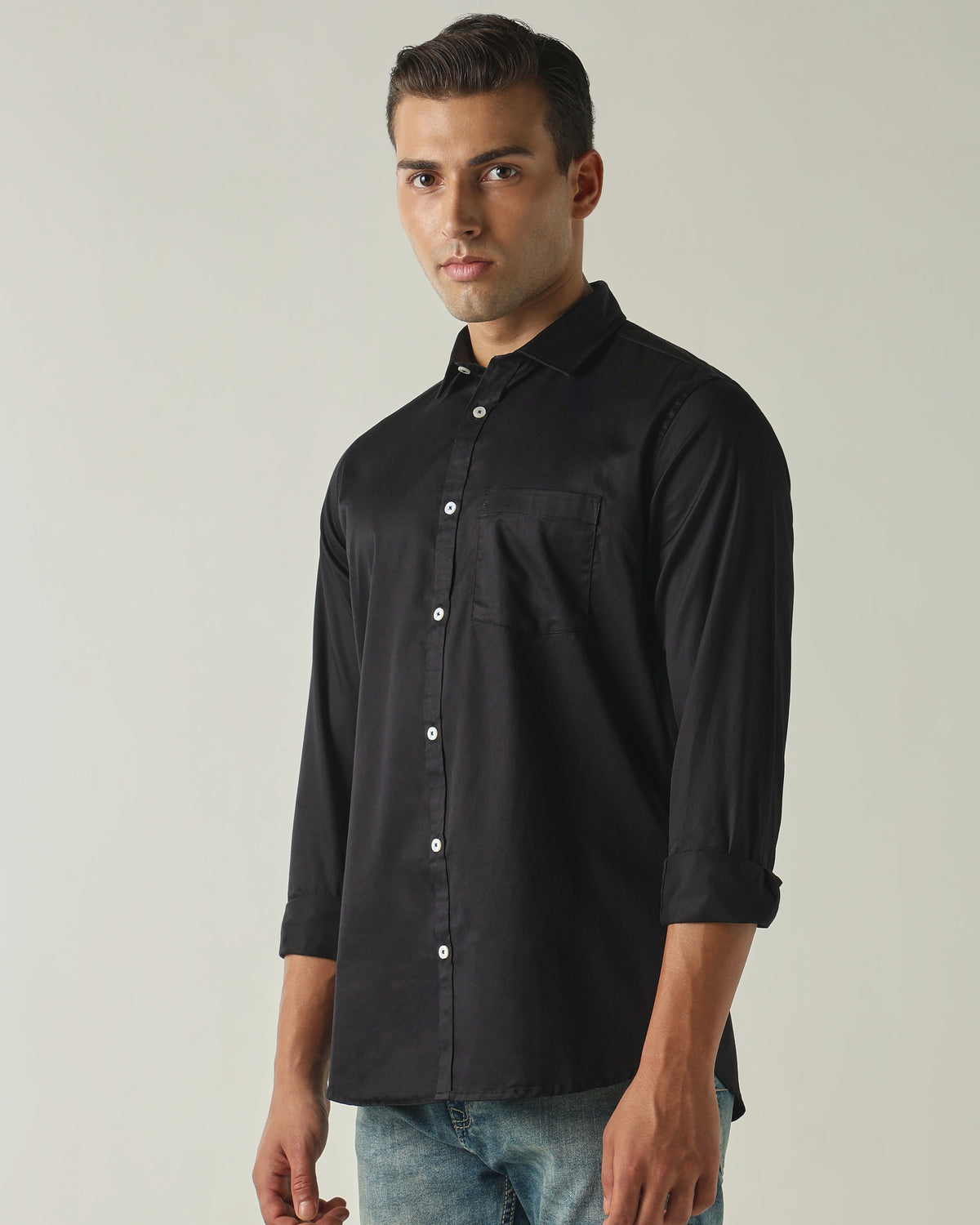 Men's Pure Cotton Solid Slim Fit Full Sleeve Casual Shirt - Black