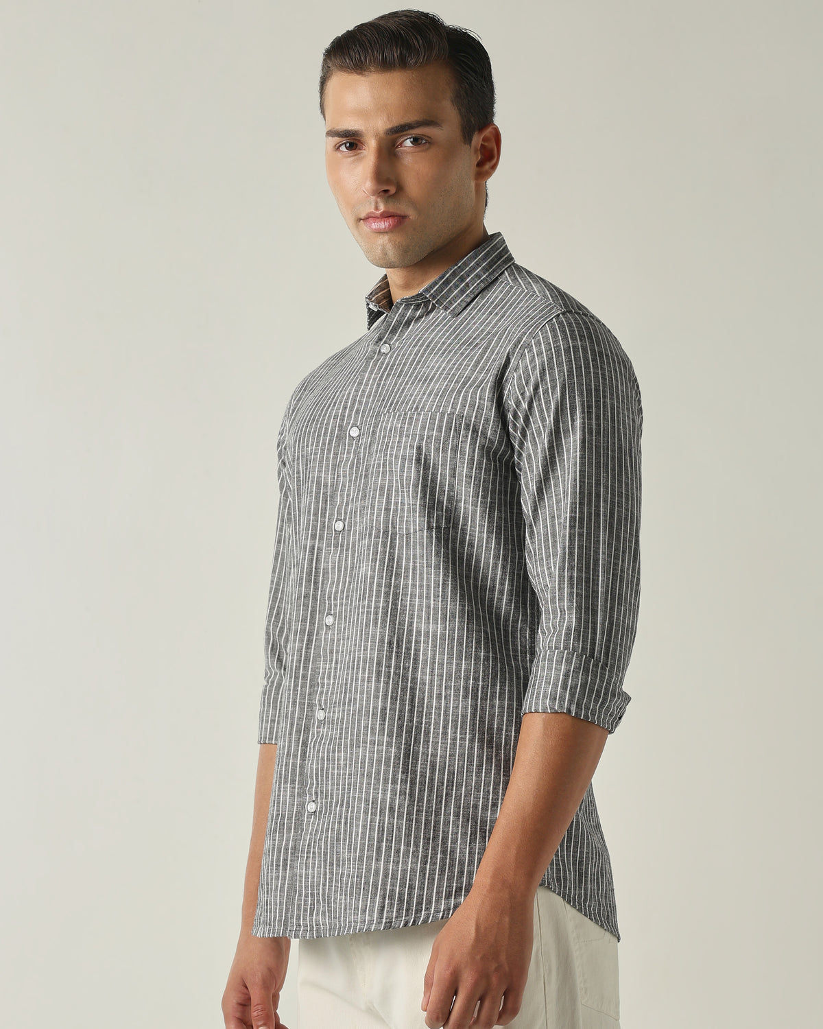 Men's Pure Cotton Stripes Slim Fit Full Sleeve Casual Shirt - Black