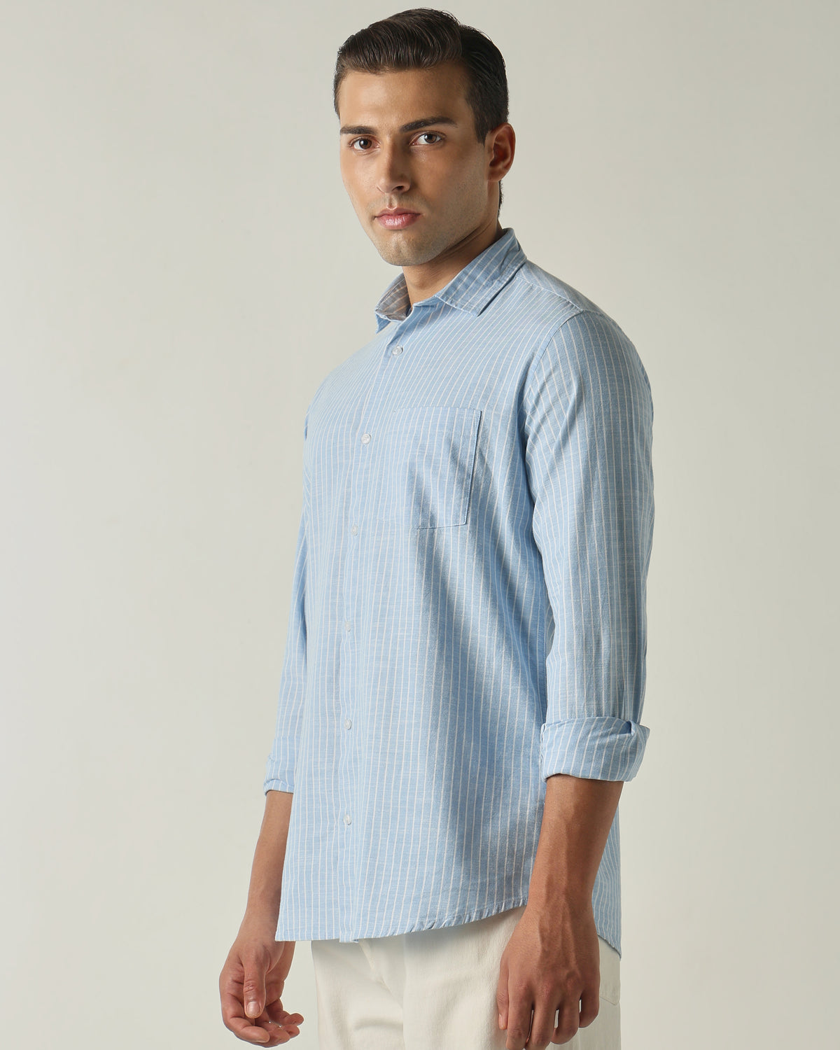 Men's Pure Cotton Stripes Slim Fit Full Sleeve Casual Shirt - Blue