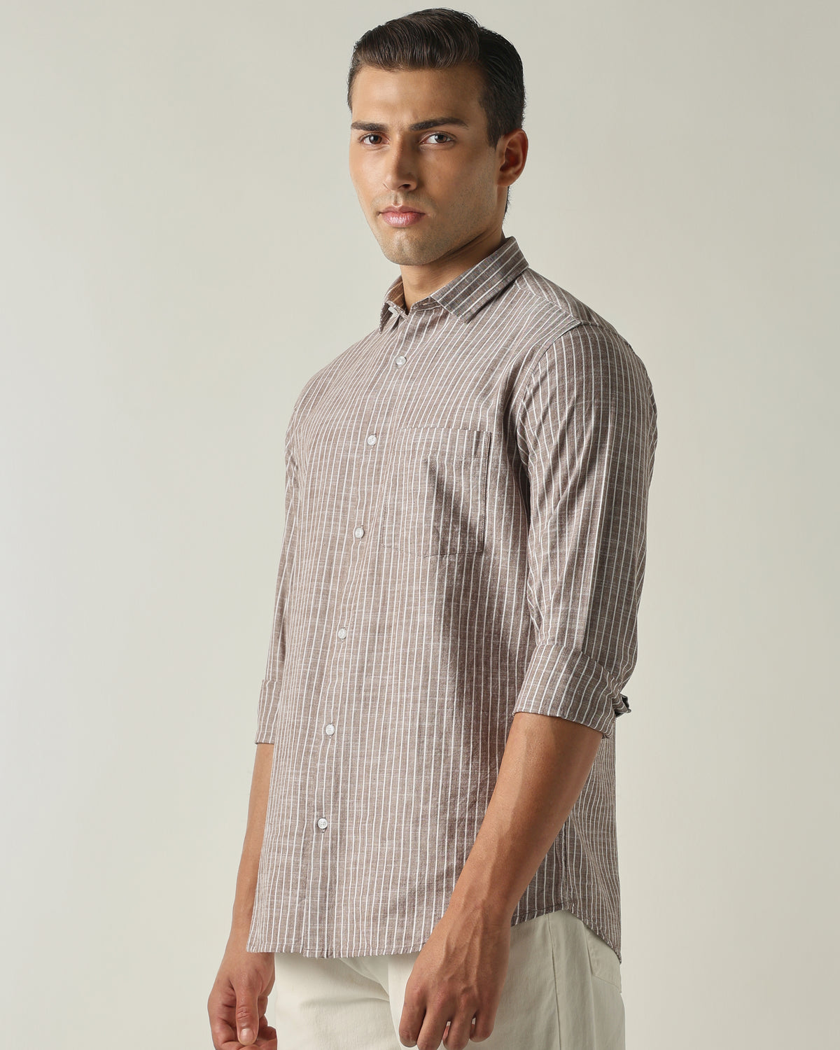 Men's Pure Cotton Stripes Slim Fit Full Sleeve Casual Shirt - Brown