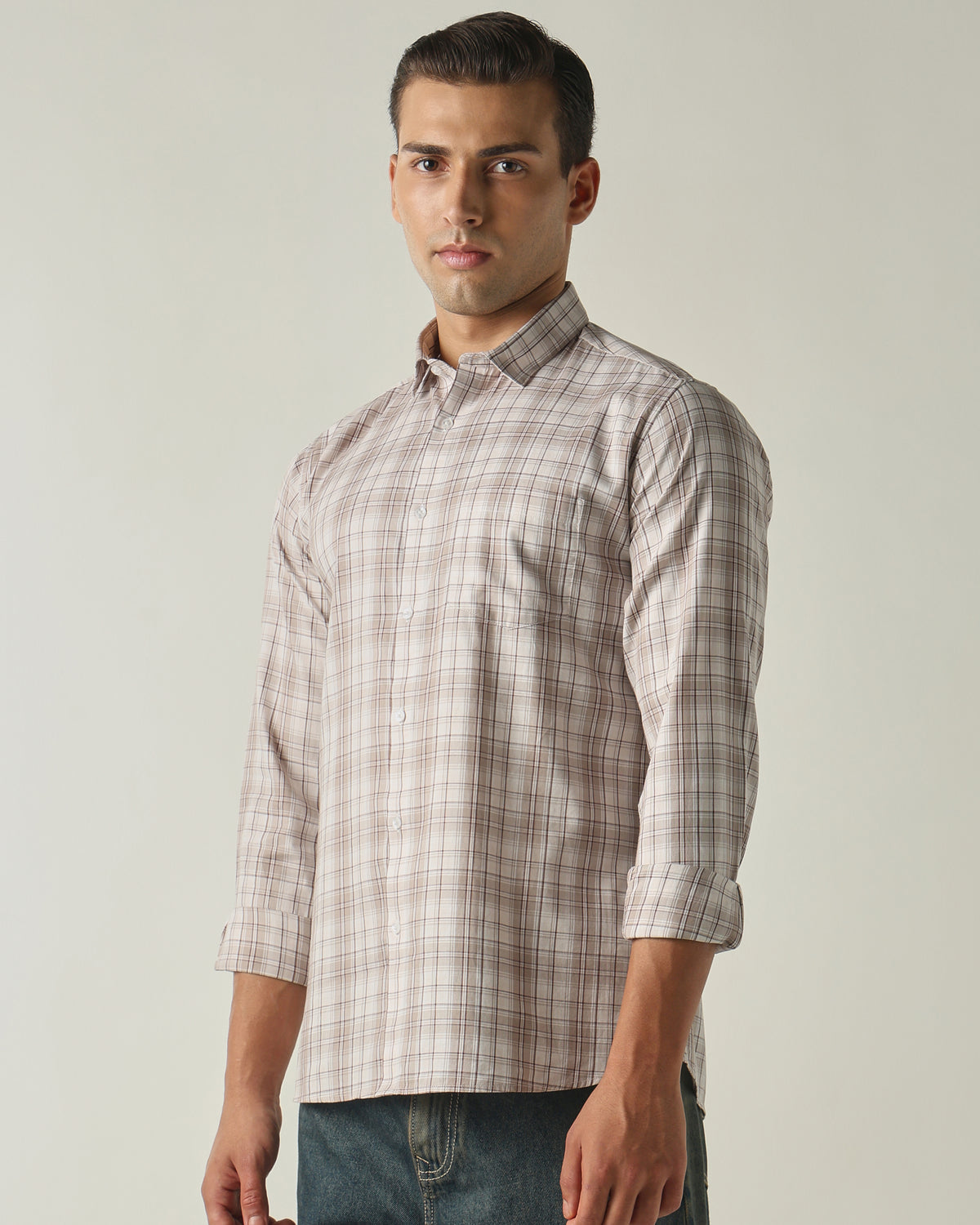 Men's Pure Cotton Checks Slim Fit Full Sleeve Casual Shirt - Beige