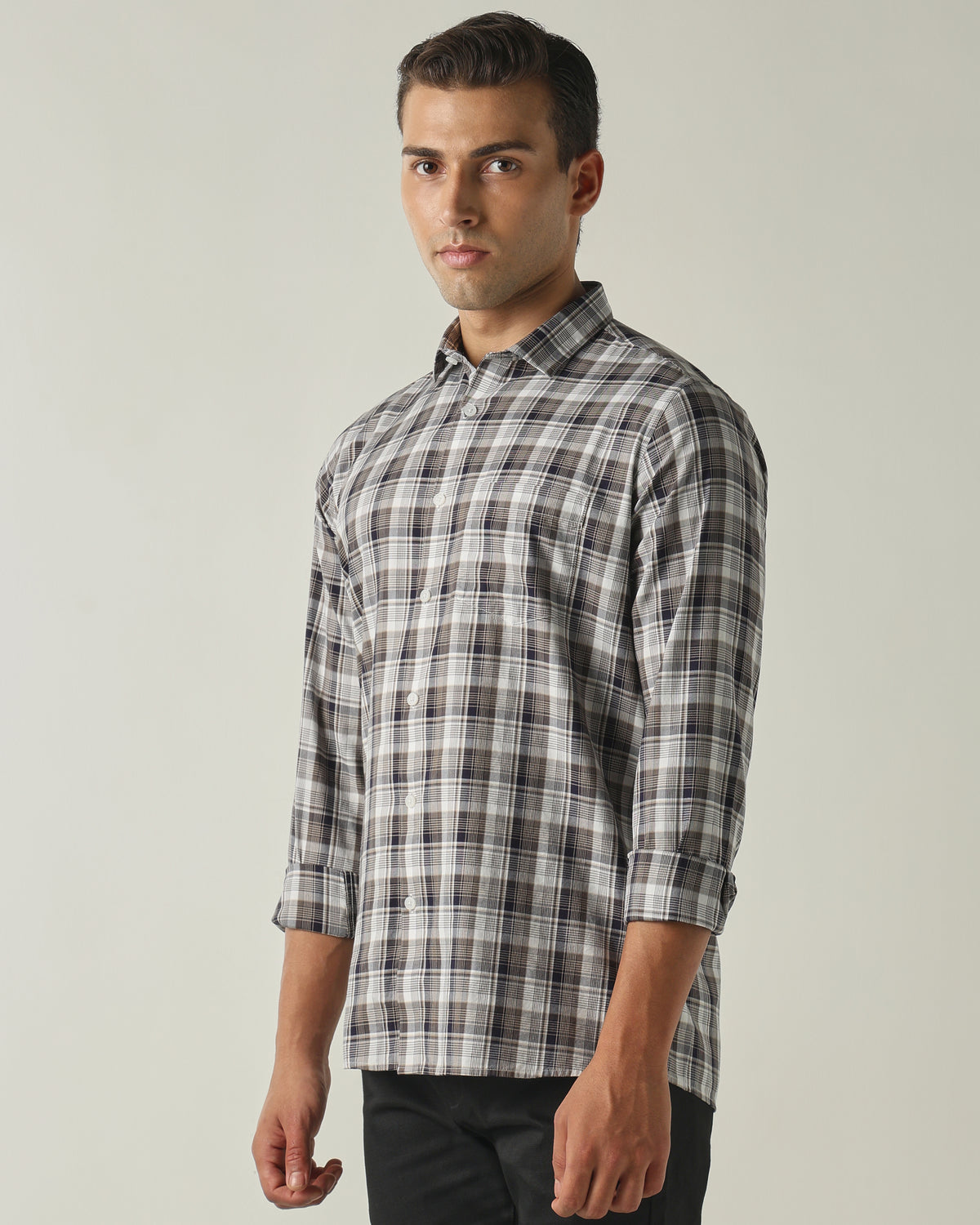 Men's Pure Cotton Checks Slim Fit Full Sleeve Casual Shirt - Beige
