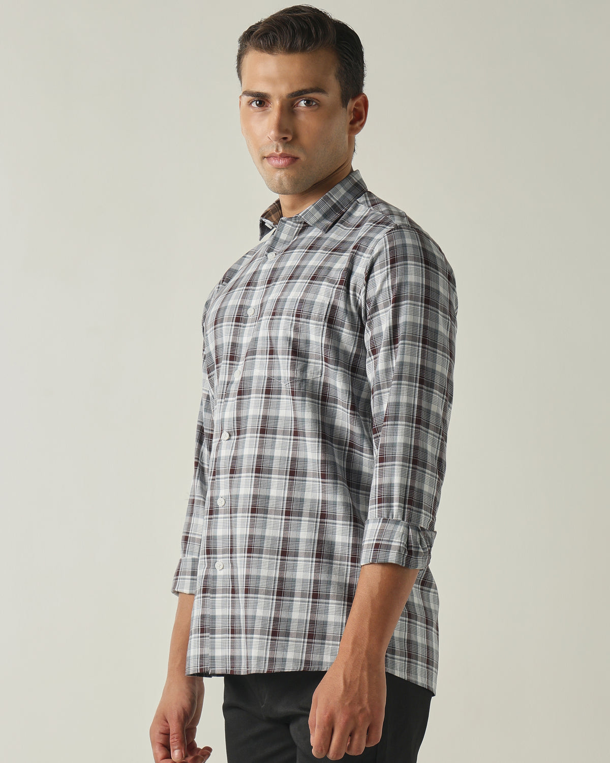 Men's Pure Cotton Checks Slim Fit Full Sleeve Casual Shirt - Grey