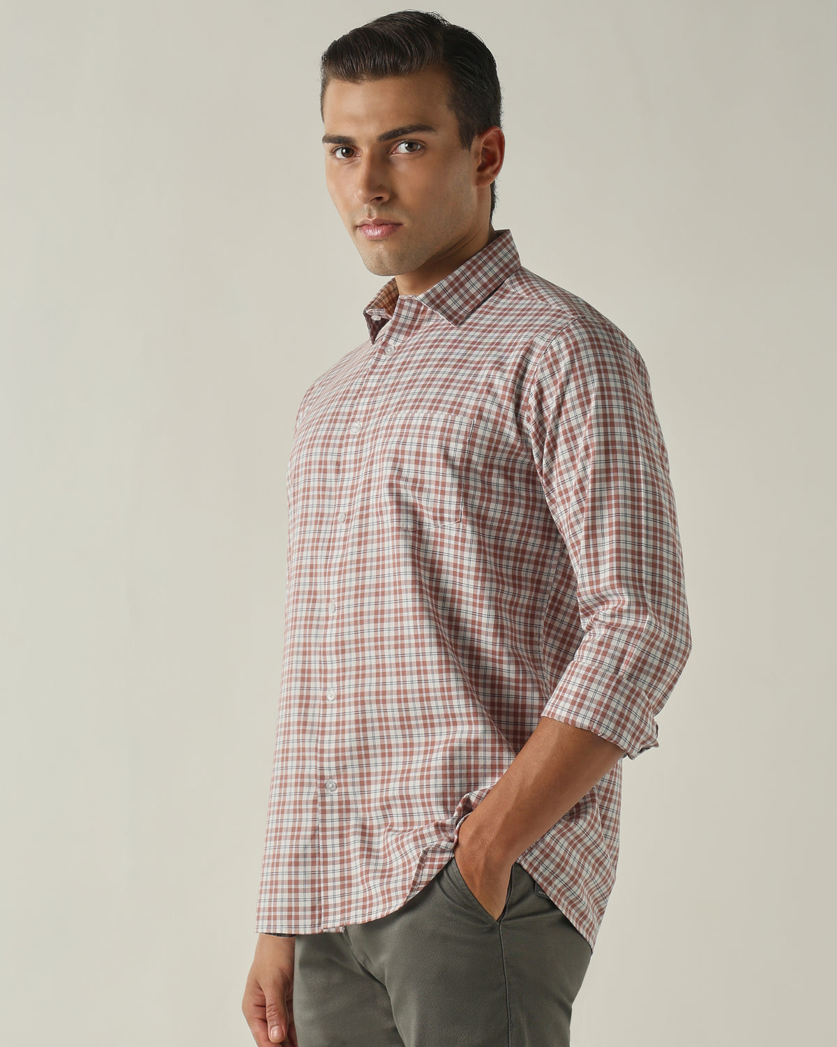 Men's Pure Cotton Checks Slim Fit Full Sleeve Casual Shirt - Brown