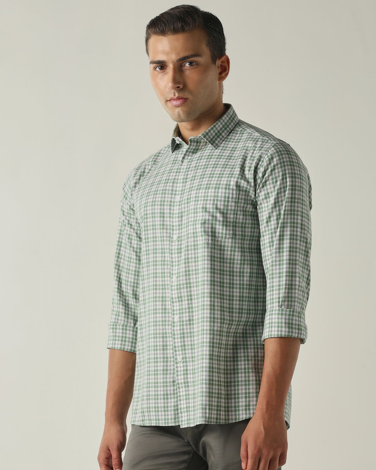 Men's Pure Cotton Checks Slim Fit Full Sleeve Casual Shirt - Green