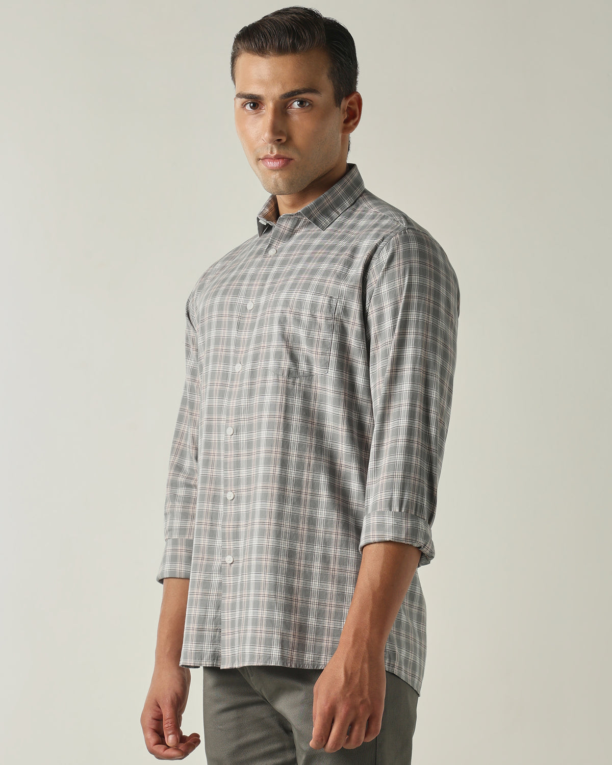 Men's Pure Cotton Checks Slim Fit Full Sleeve Casual Shirt - Grey