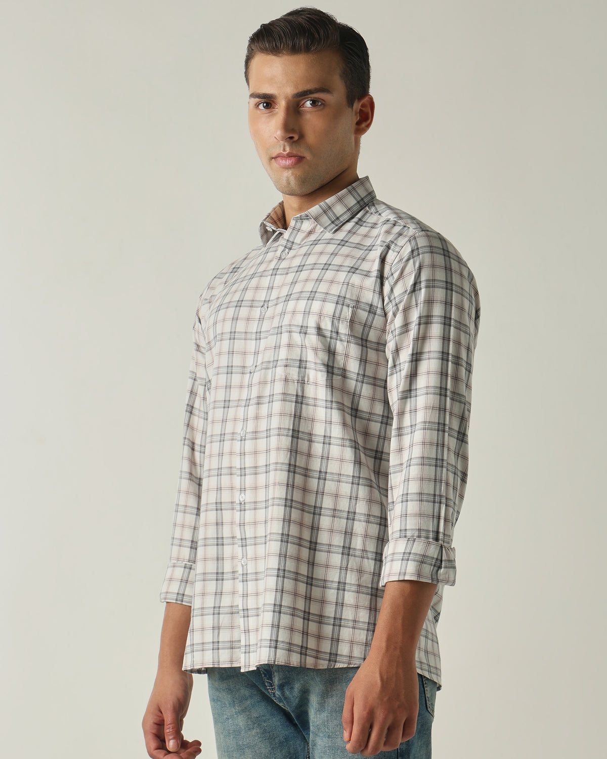 Men's Pure Cotton Checks Slim Fit Full Sleeve Casual Shirt - White