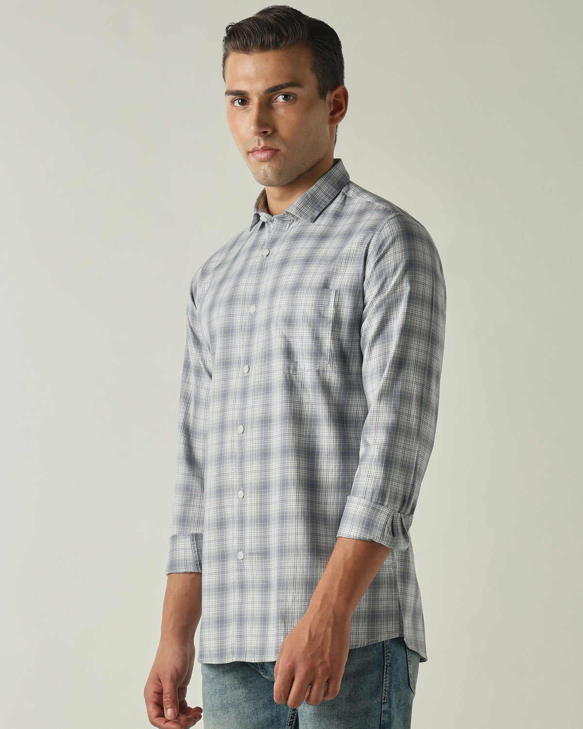 Men's Pure Cotton Checks Slim Fit Full Sleeve Casual Shirt - Grey