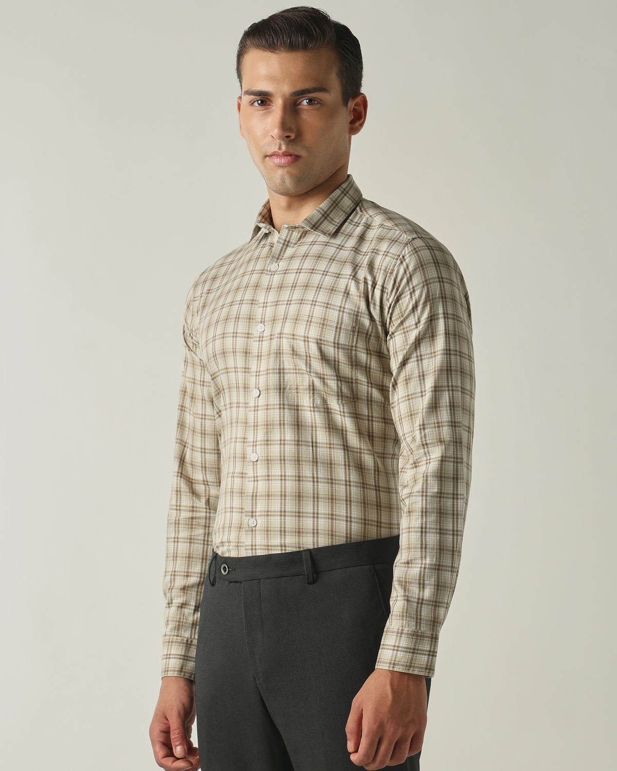 Men's Pure Cotton Checks Slim Fit Full Sleeve Casual Shirt - Beige