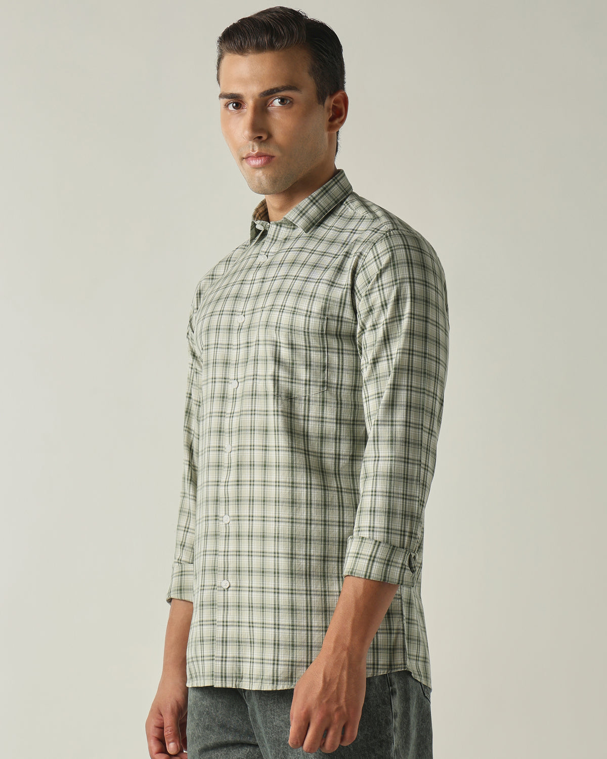 Men's Pure Cotton Checks Slim Fit Full Sleeve Casual Shirt - Green